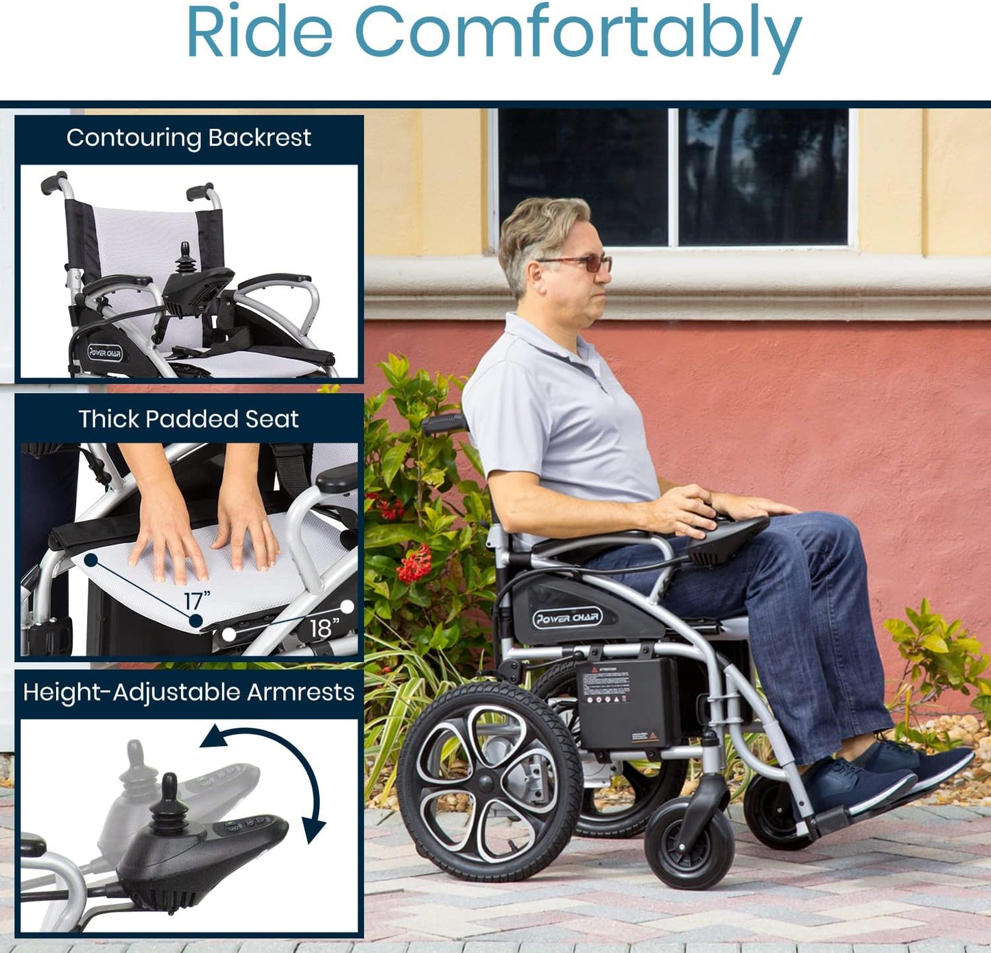 Vive Folding Electric Wheelchair - Foldable Wheel Chair, Narrow Power Scooter, Heavy Duty, TSA Approved - Compact Size for Seniors Adults - Battery Portable, Folds, Shock-Absorbing (16 x 30 x 28.5)