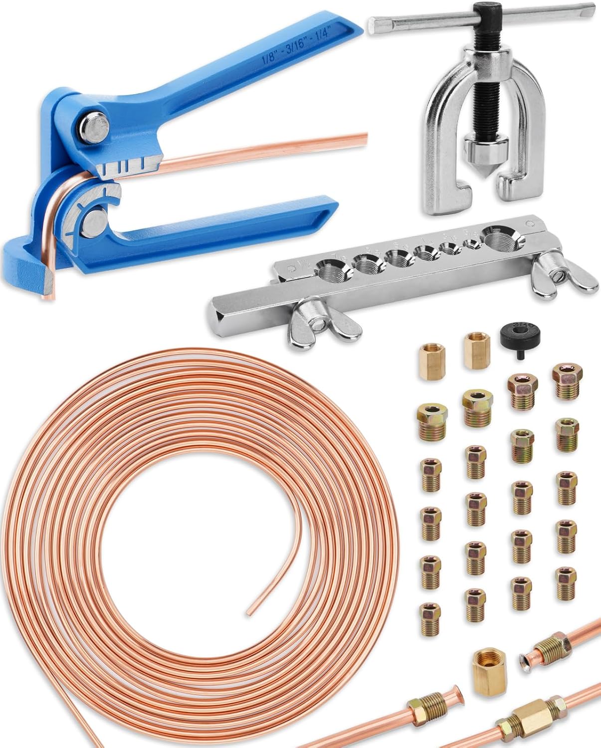 25 ft 3/16in &1/4in Copper Coated Brake Line Flaring Tool Kit, Includes 3-in-1 Tube Bender, Double & Single Flaring Tool Set, 4 Threads Unions, 40 Fittings