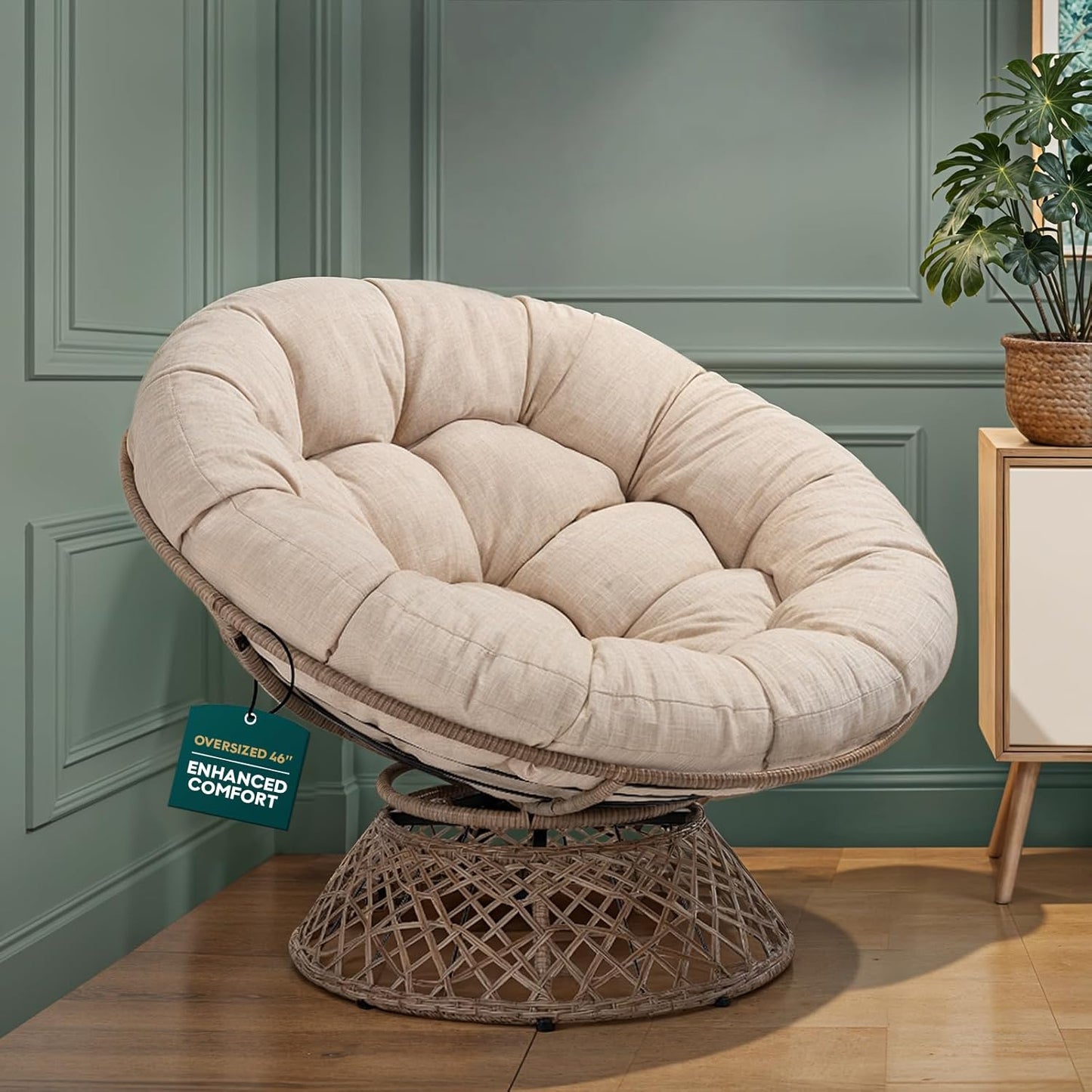Bme 40" Ergonomic Wicker Papasan Chair with Soft Thick Density Fabric Cushion, High Capacity Steel Frame, 360 Degree Swivel for Living, Bedroom, Reading Room, Lounge, Silver Cloud - Black Base