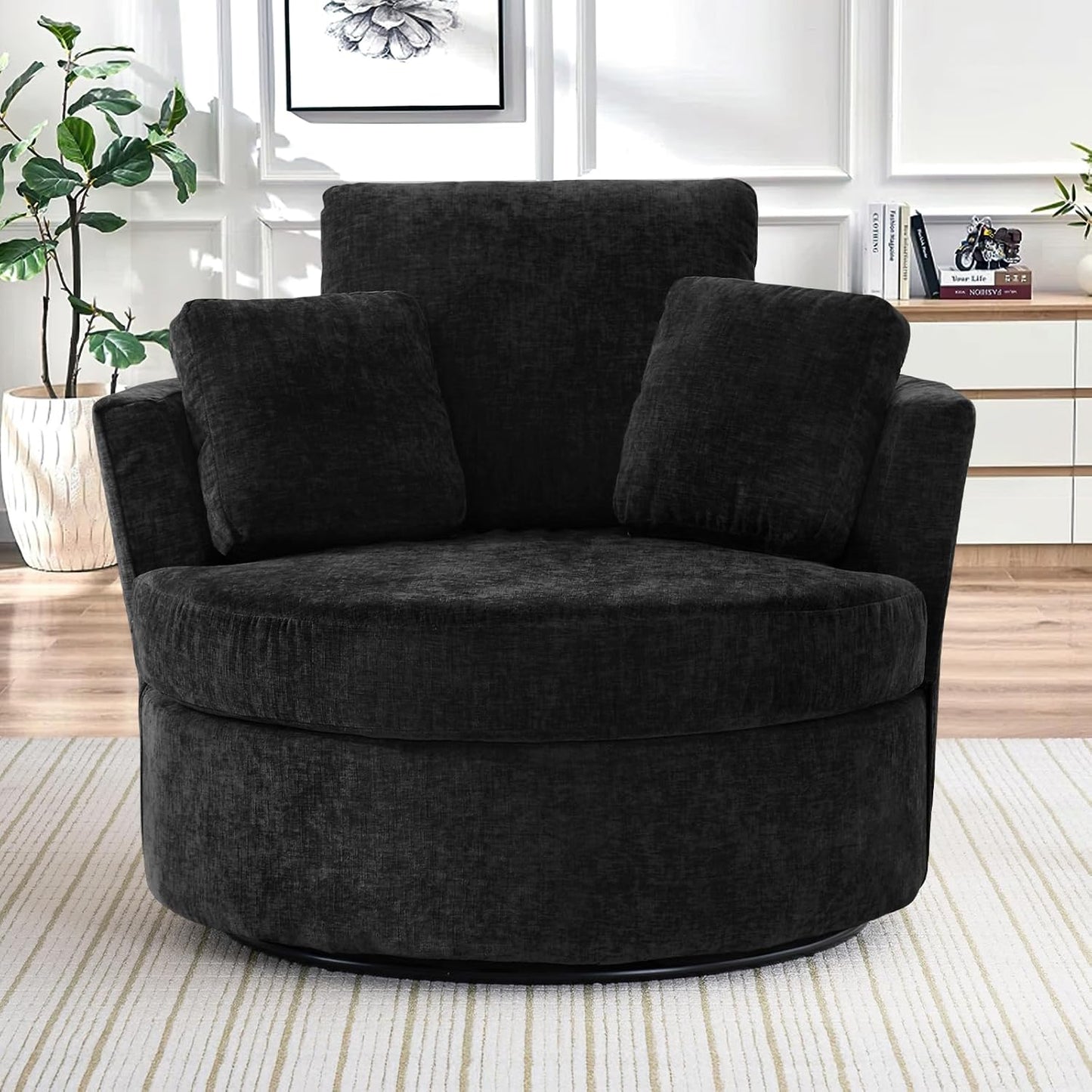 40" W Modern Grey Swivel Barrel Chair with 360° Round Metal Base & Plush Corduroy Pillows & Thick Cushion, Comfy Large Accent Chaise Longue for Living Room, Bedroom Club Reading Armchair (Gray)