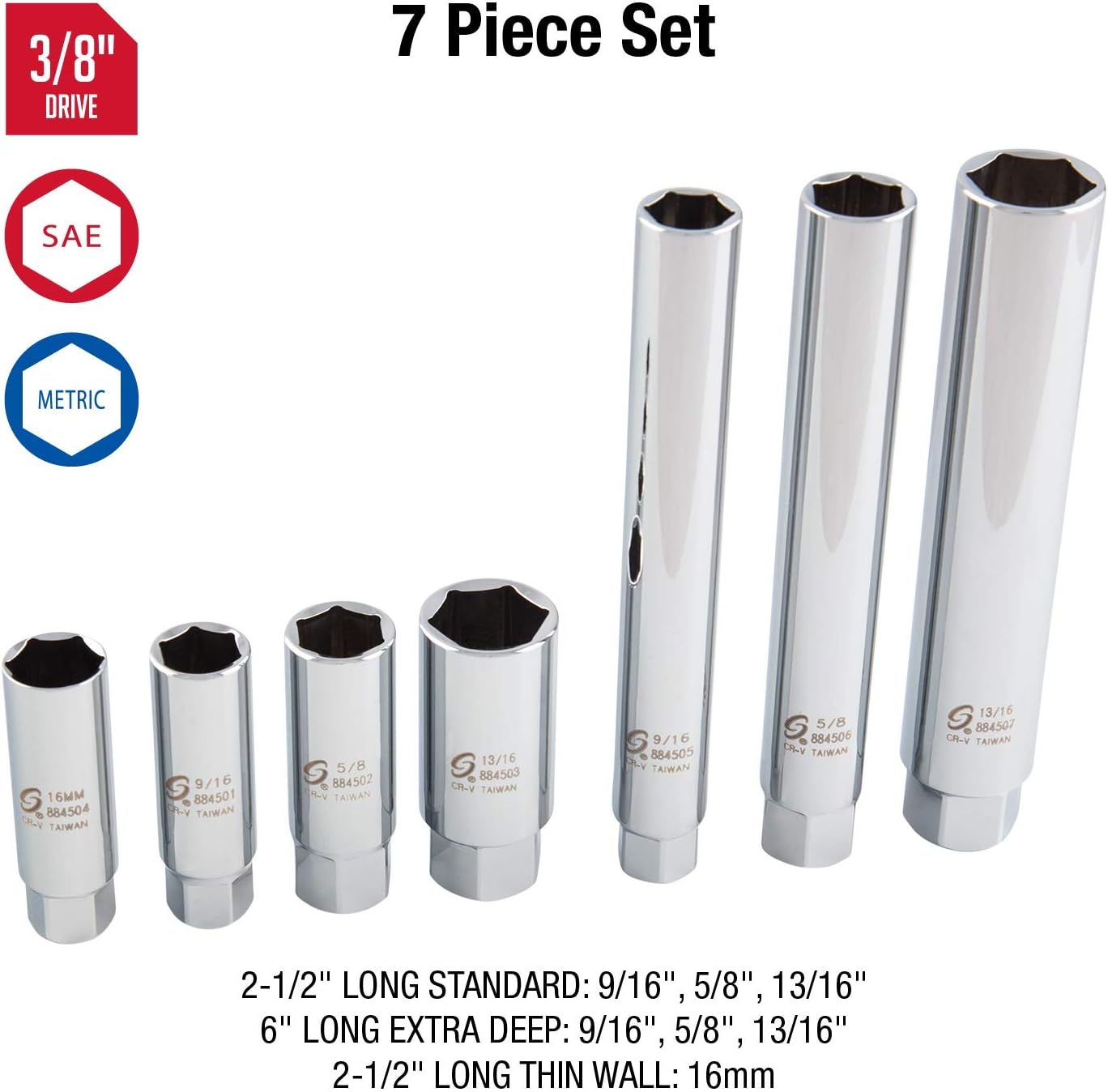 SUNEX TOOLS 8845 3/8-Inch Drive Master Spark Plug Set, CR-V, 7-Pieces