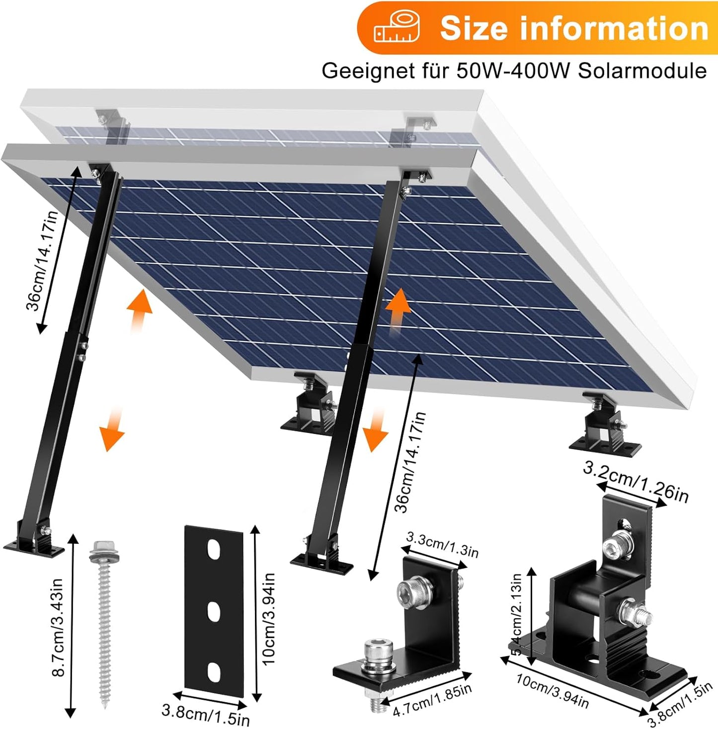 Solar Panel Mount, Aluminum Alloy Adjustable Solar Panel Tilt Mount Brackets, Black Baking Paint Anti-Corrosion Solar Panel Stand Suitable for 50W 70W 100W 150W 200W 300W 400W