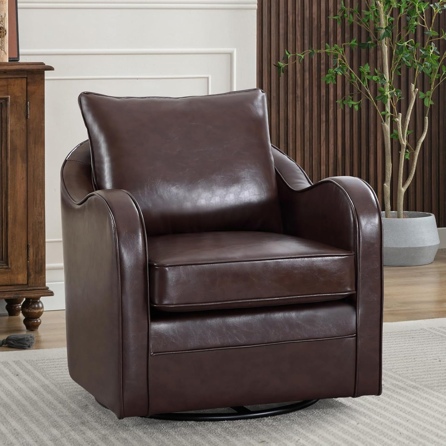 Simore Faux Leather Swivel Barrel Accent Chair Set of 2 for Living Room Bedroom, Comfy Modern Round Swivel Chair with Removable Pillow, Dark Brown