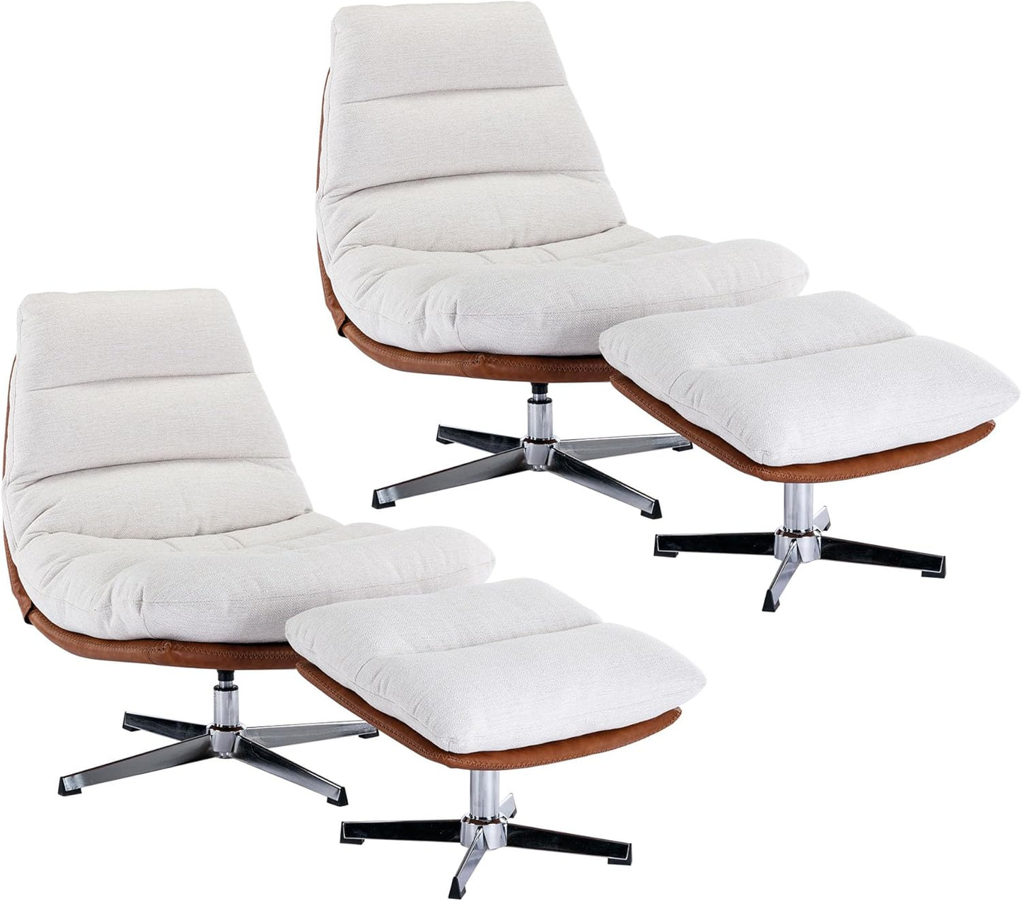 VESCASA Upholstered Swivel Accent Chair with Ottoman, Linen Reading Chair with Footrest, Comfy Lounge Chair Set with Foot Stool for Living Room/Bedroom/Indoor, Cream