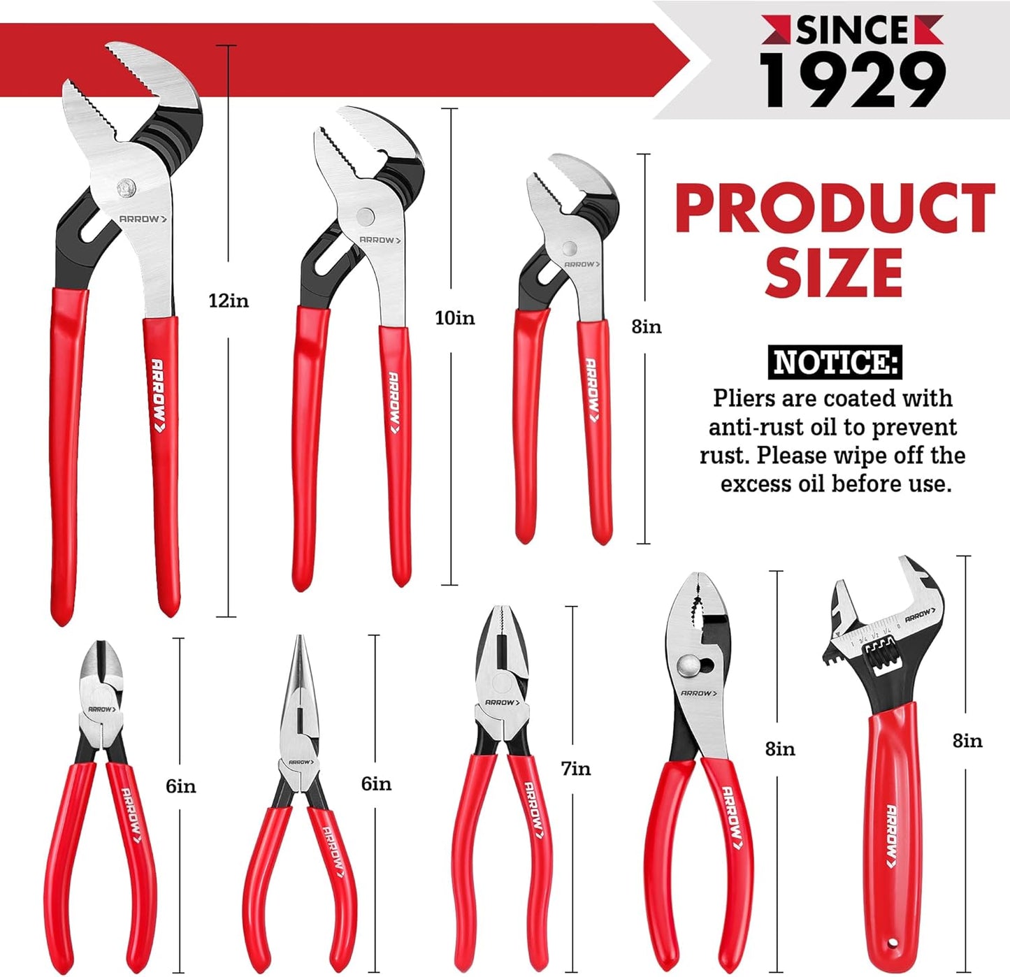 ARROW 8PCS Pliers & Wrench Set, 6" Needle Nose Pliers, 6" Diagonal, 7" Linesman, 8" Slip Joint, 8" & 10" & 12" Groove Joint and CRV 8" Adjustable Wrench, Portable Rolling Bag With Handle