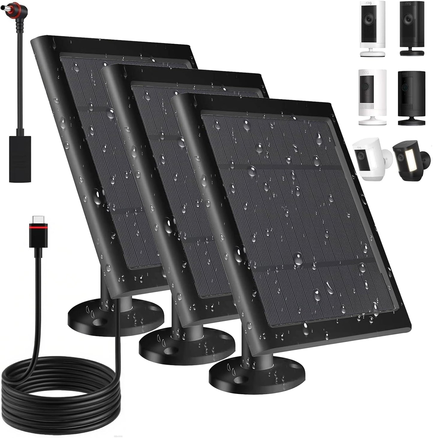 3 Pack Solar Panel for Ring Camera(2nd Generation) Dustproof Waterproof 5W Solar Panel with 10FT/3M Long Cable for Stick Up & Pro Spotlight Cam Battery for Security Camera