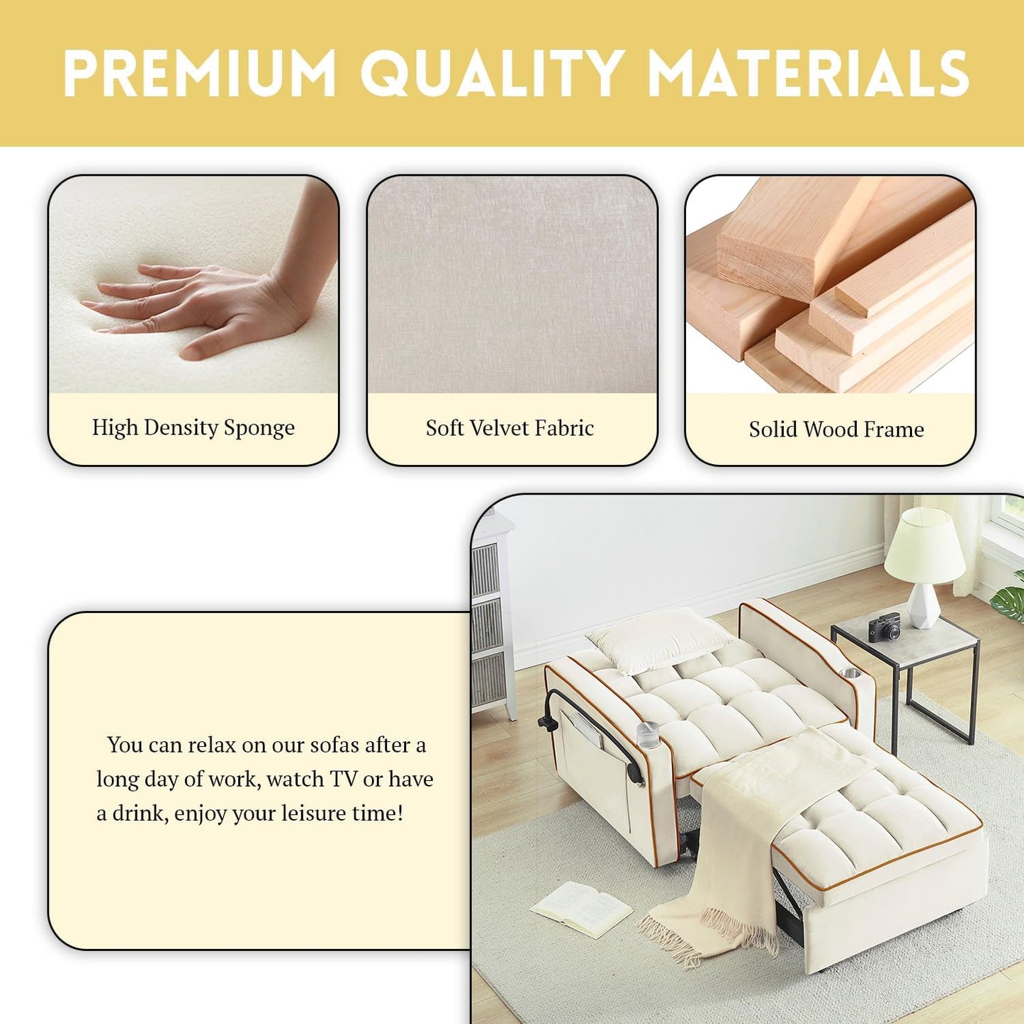 3 in 1 Sleeper Sofa Chair Bed,Velvet Convertible Sleeper Chair,Pull Out Bed Chair with USB Port & Ashtray and Swivel Phone Stand & Storage Pockets,Modern Chair for Living Room