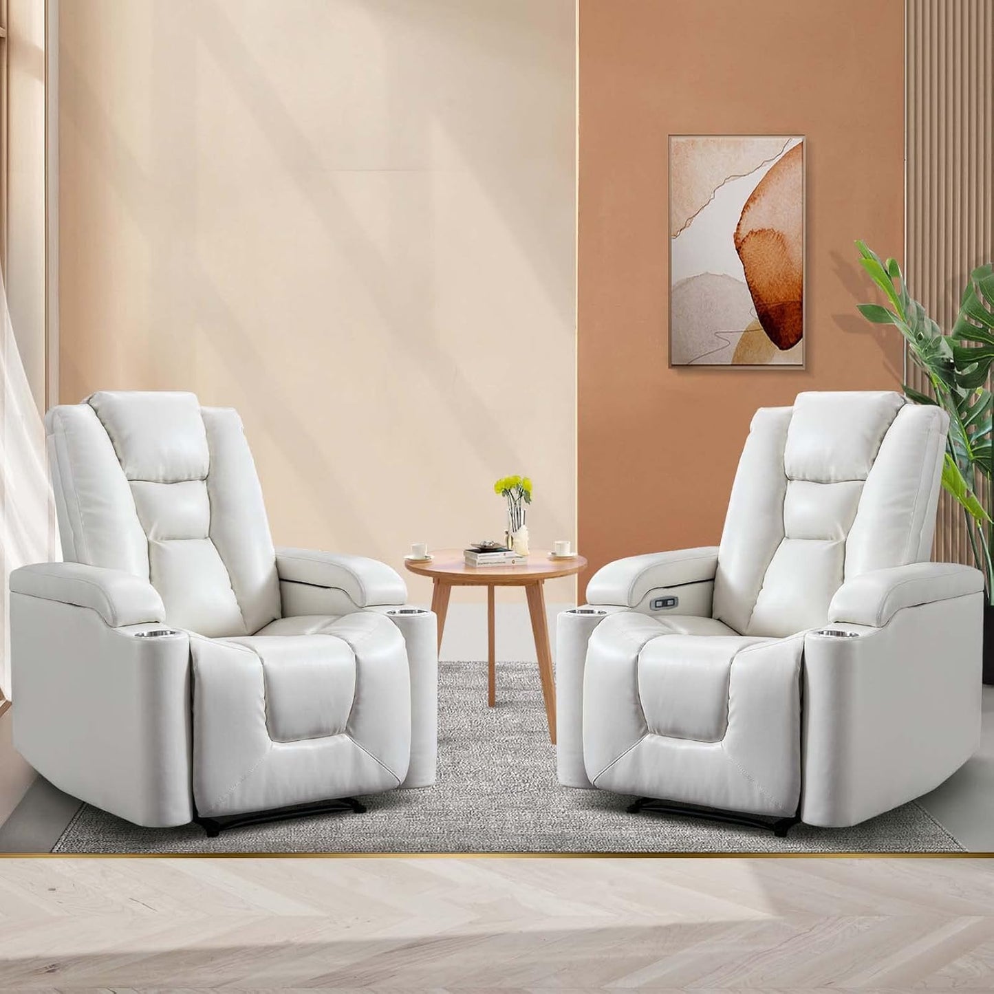 ANJ White Power Recliner Chair Electric Home Theater Seating Soft Leather Movie Chair for Living Room Overstuffed Single Reclining Sofa with Hidden Arm Storage, Cup Holders and USB Ports (Cream White)