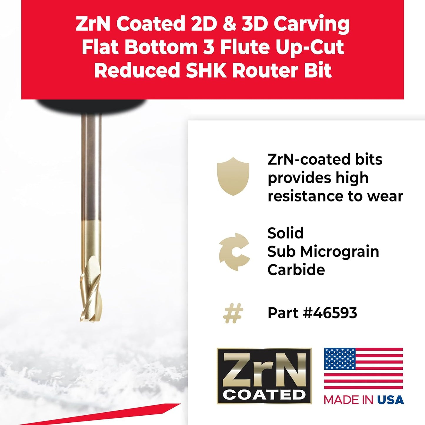 Amana Tool Extra Long CNC 2D and 3D Carving Flat Bottom 0.10 Deg Straight Router Bit, ZrN Coated, 46593, 1/2 Dia x 1 x 1/2 Shk x 6 Inch L x 3 Fl