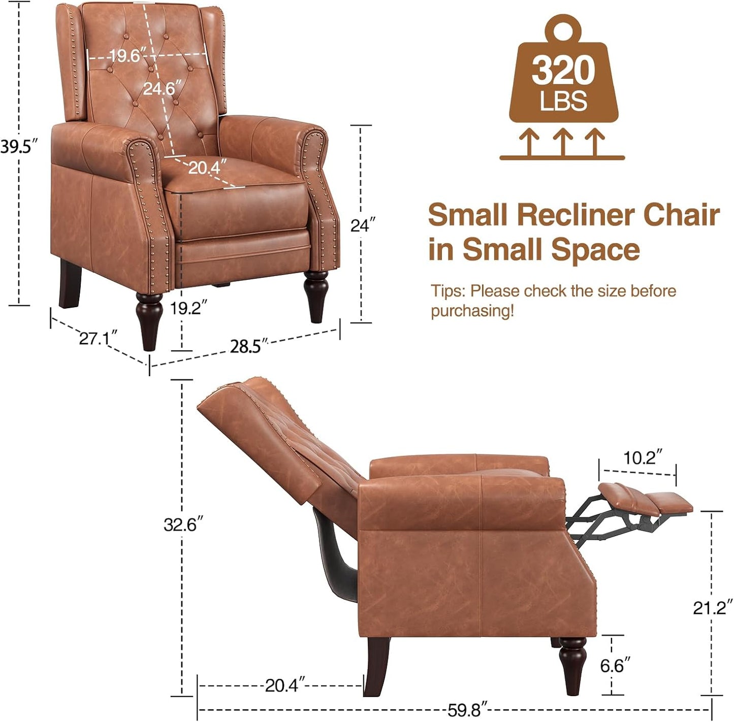 Small Recliner Chair, Modern Faux Leather Living Room Chairs with Tufted Buttons and Metal Rivets, Wingback Recliner with Wooden Legs, Comfy Pushback Arm Chair for Living Room, Bedroom, Matt Brown