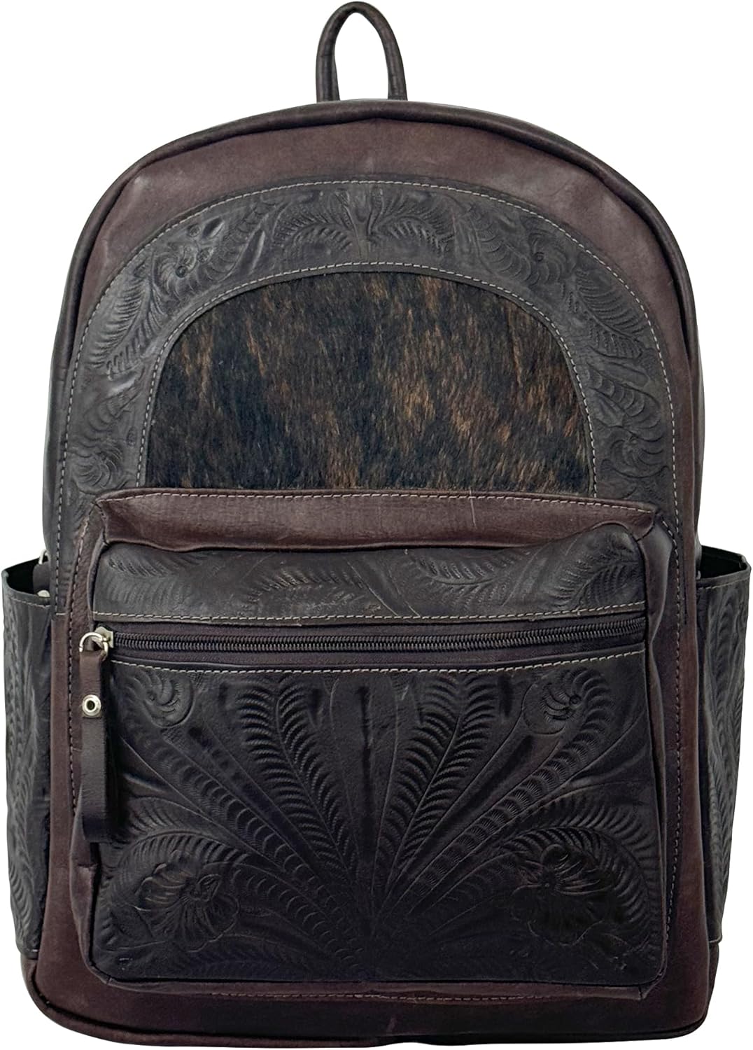 American West Classic Travel Backpack with Hair-on Hide, Genuine Hand Tooled Leather, Interior Laptop Sleeve (Natural Tan)