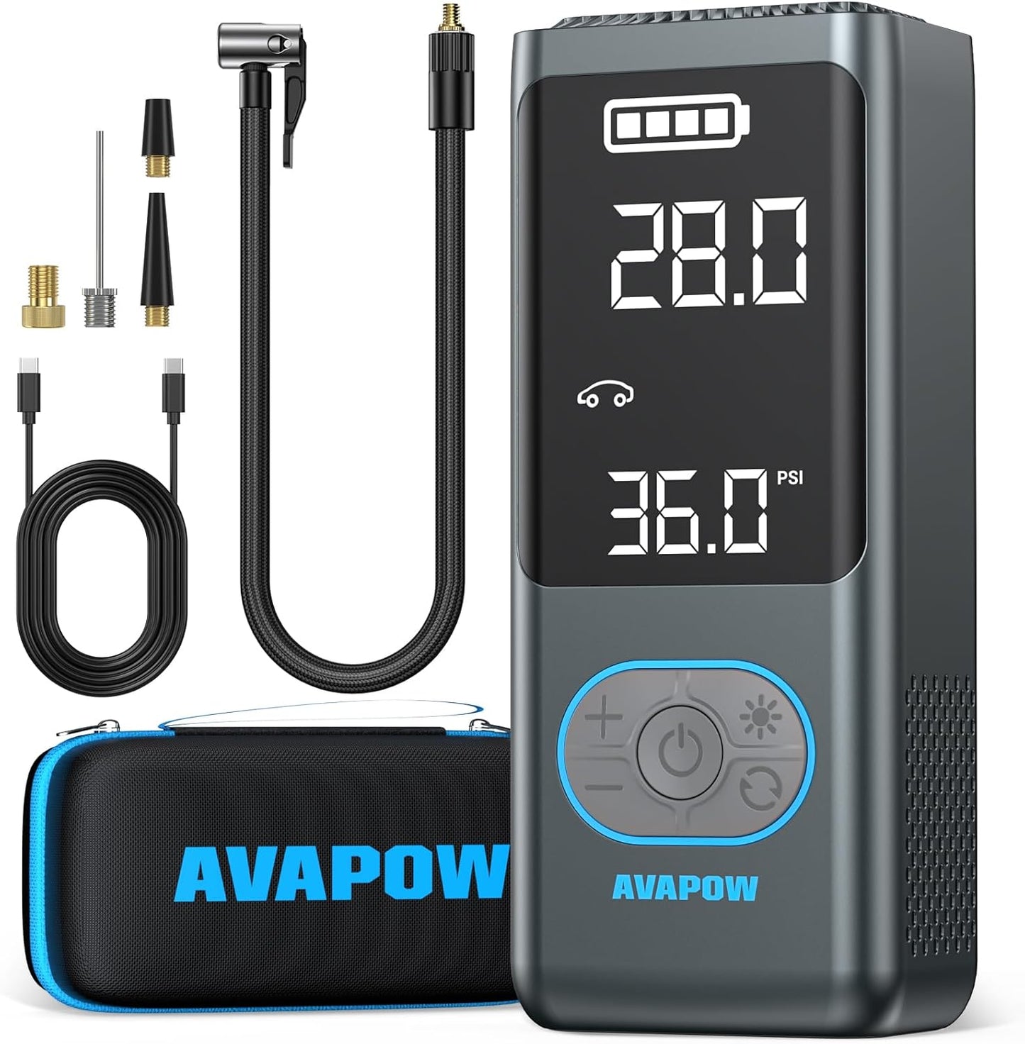 AVAPOW AP18 Tire Inflator Portable Air Compressor, 300% Faster 150 PSI Cordless Air Pump with Tire Pressure Gauge, 3.7″ Dual LCD Screen, Auto-Shuts Off Tire Pump for Car, Motorcycle, Bicycle, Purple