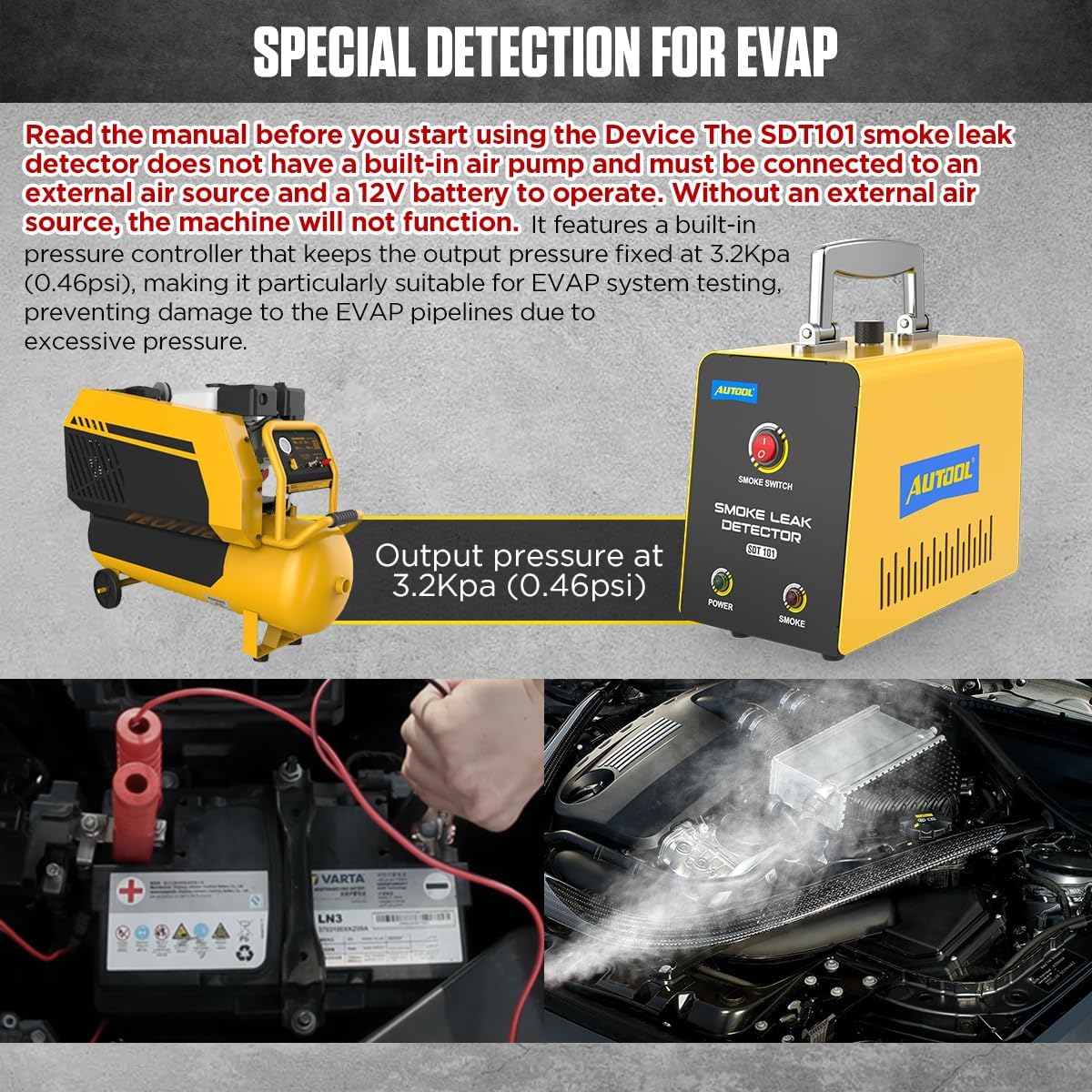 Automotive Smoke Machine Leak Detector,Evap Vacuum Smoke Diagnostic Tester,Pipeline Fuel Leakage Detector Compatible with 12V Cars, Trucks, Motorcycle, ATV, Boats, Snowmobiles