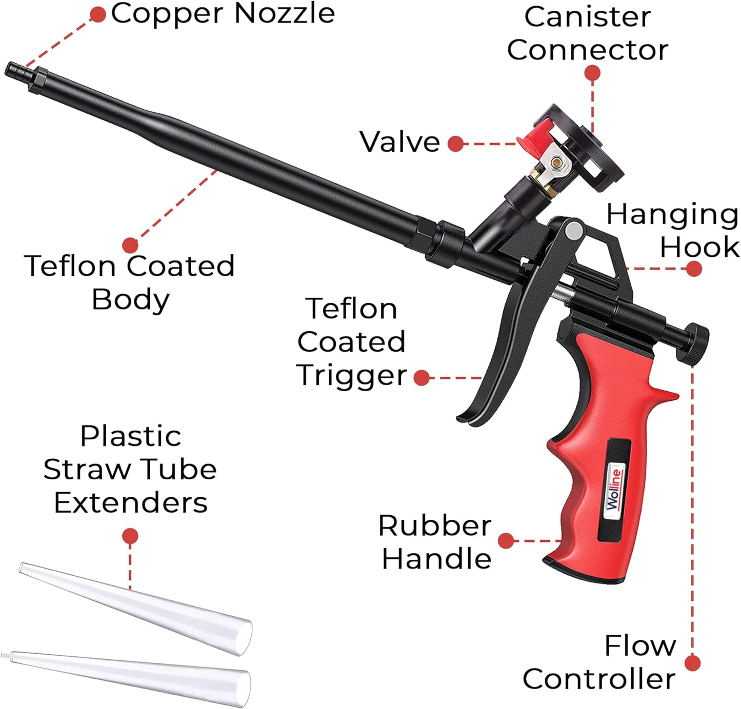 Spray Foam Gun, Wolline (12 Foam Gun + 48 Nozzle) Spray Foam Insulation Gun, Teflon-Coated Professional Expanding Spray Foam Applicator, Foam Dispensing Gun, Insulating Foam Applicator Red - 12 Pack