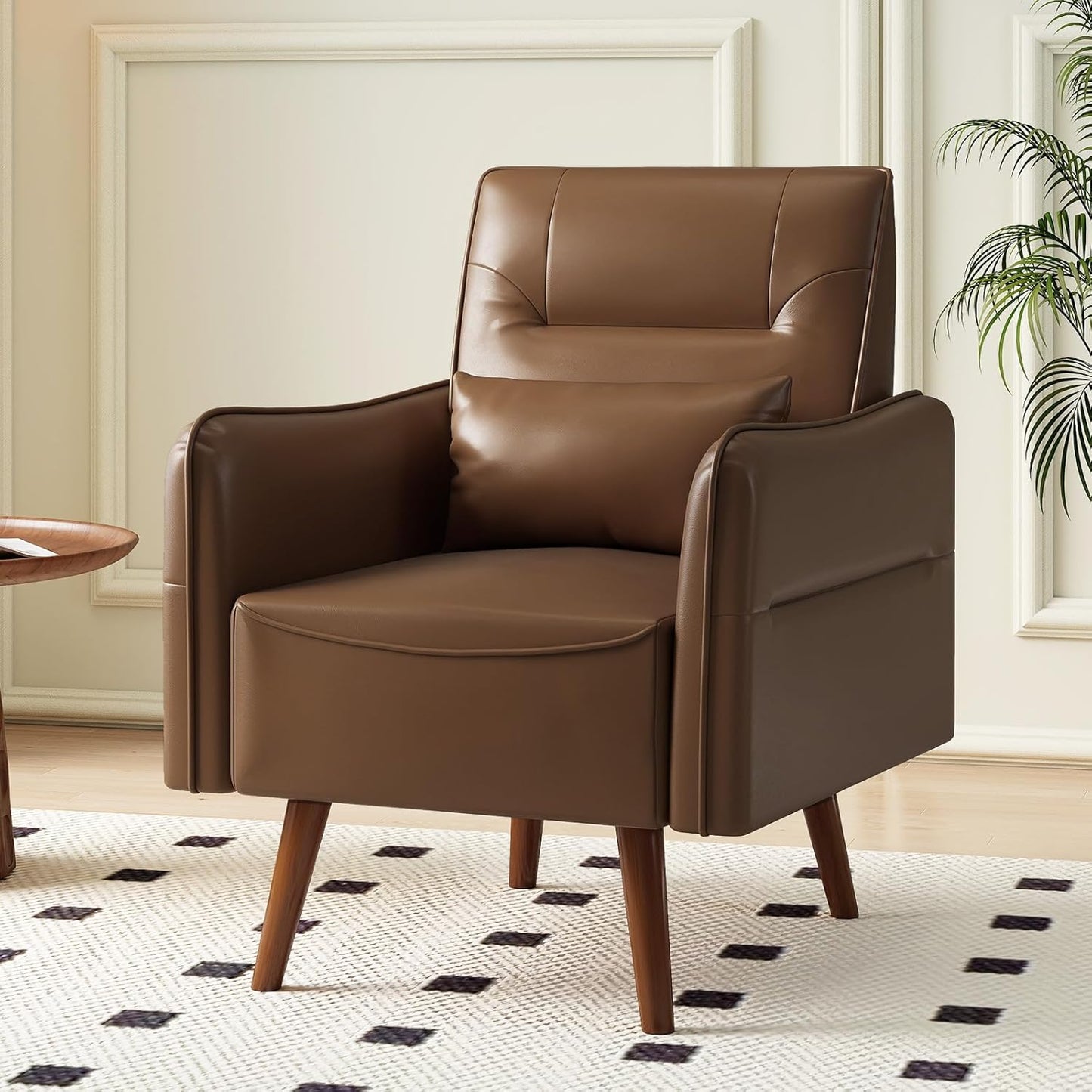 Bonzy Home Mid-Century Modern Faux Leather Accent Chair Set of 2 for Living Room,Upholstered Armchair with Pillow and Solid Wood Legs, Comfortable Lounge Chair for Bedroom or Office,Brown
