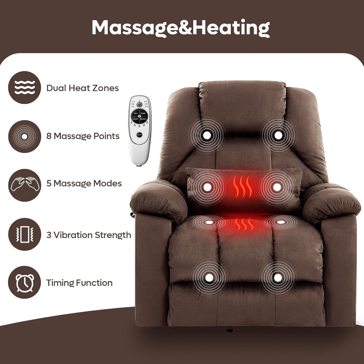 Bestier Dual Motor Power Lift Recliner Chair for Elderly, Oversized Recliner Sofa with Massage and Heat, Extra Wide Lift Chair with Cup Holders & Side Pockets for Living Room Bedroom (Brown)