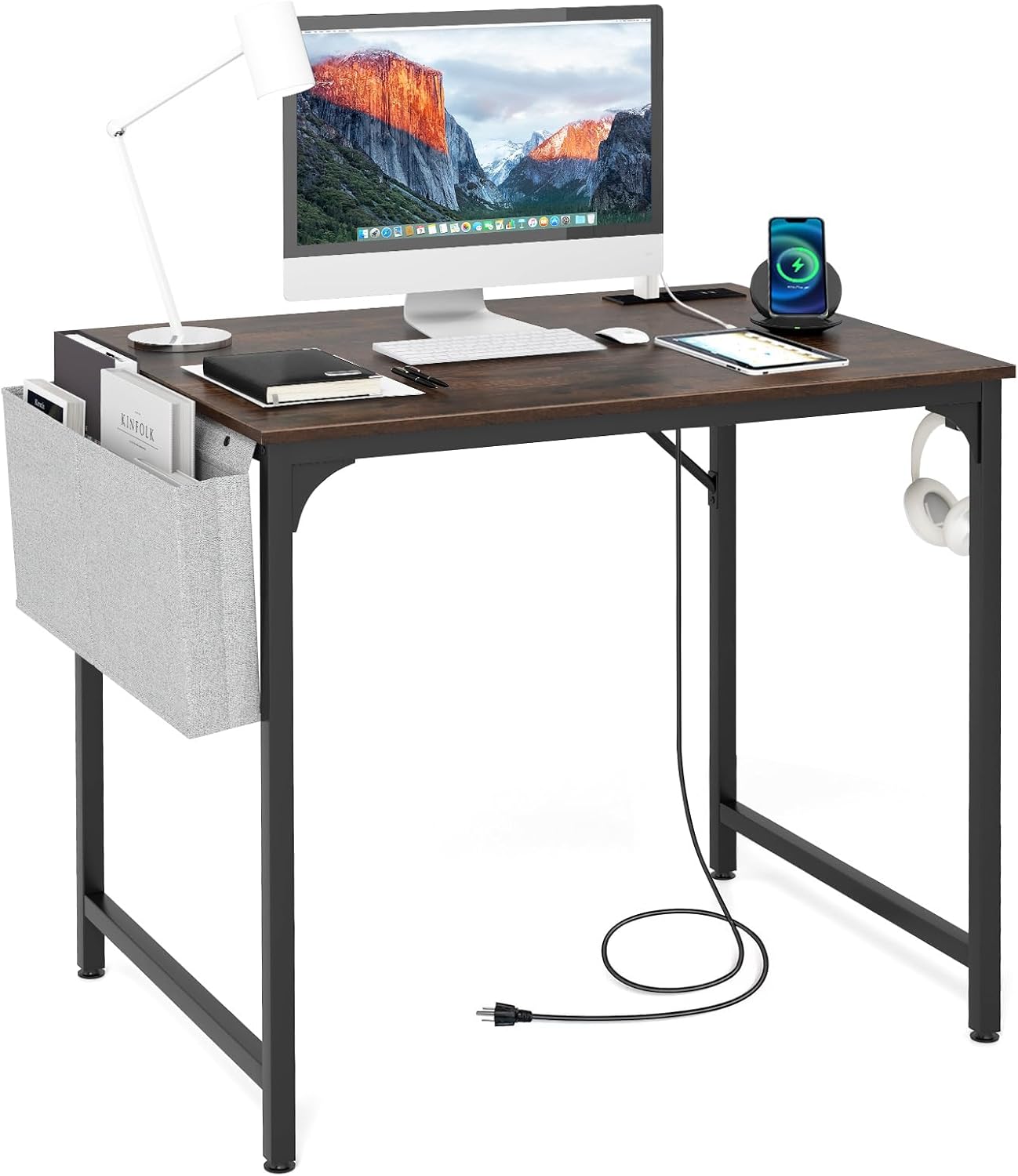 Tangkula 60” Large Computer Desk with Charging Station, Modern Simple Study Writing Desk with Storage Bag, Headphone Hook, Sturdy Metal Frame, Home Office Workstation