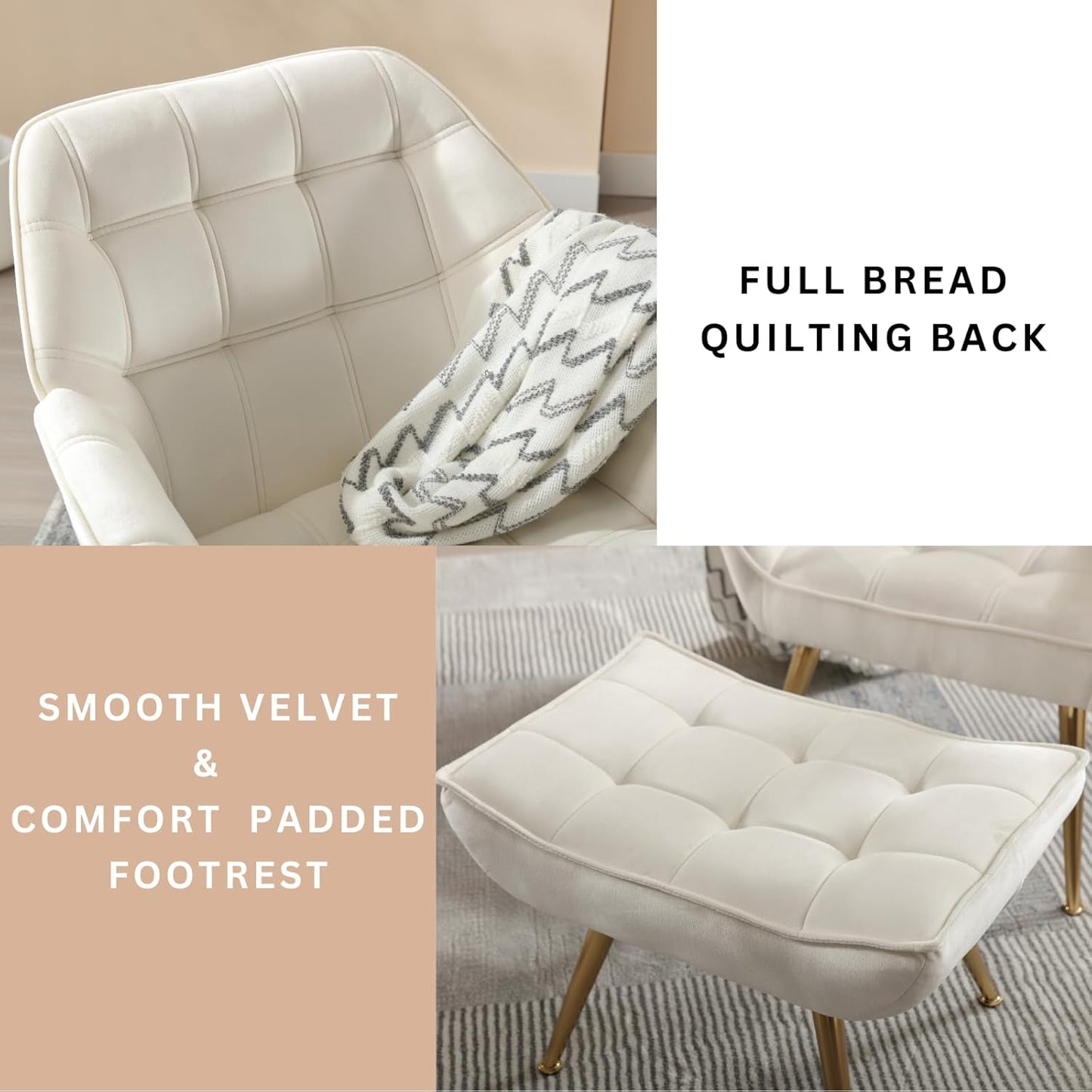 Accent Chair with Ottoman, Upholstered Velvet Armchair with Wood Legs Fluffy Armchair Side Chair Sofa Chair Reading Chair Living Room Chair with Footstool for Bedroom Apartment, Cream