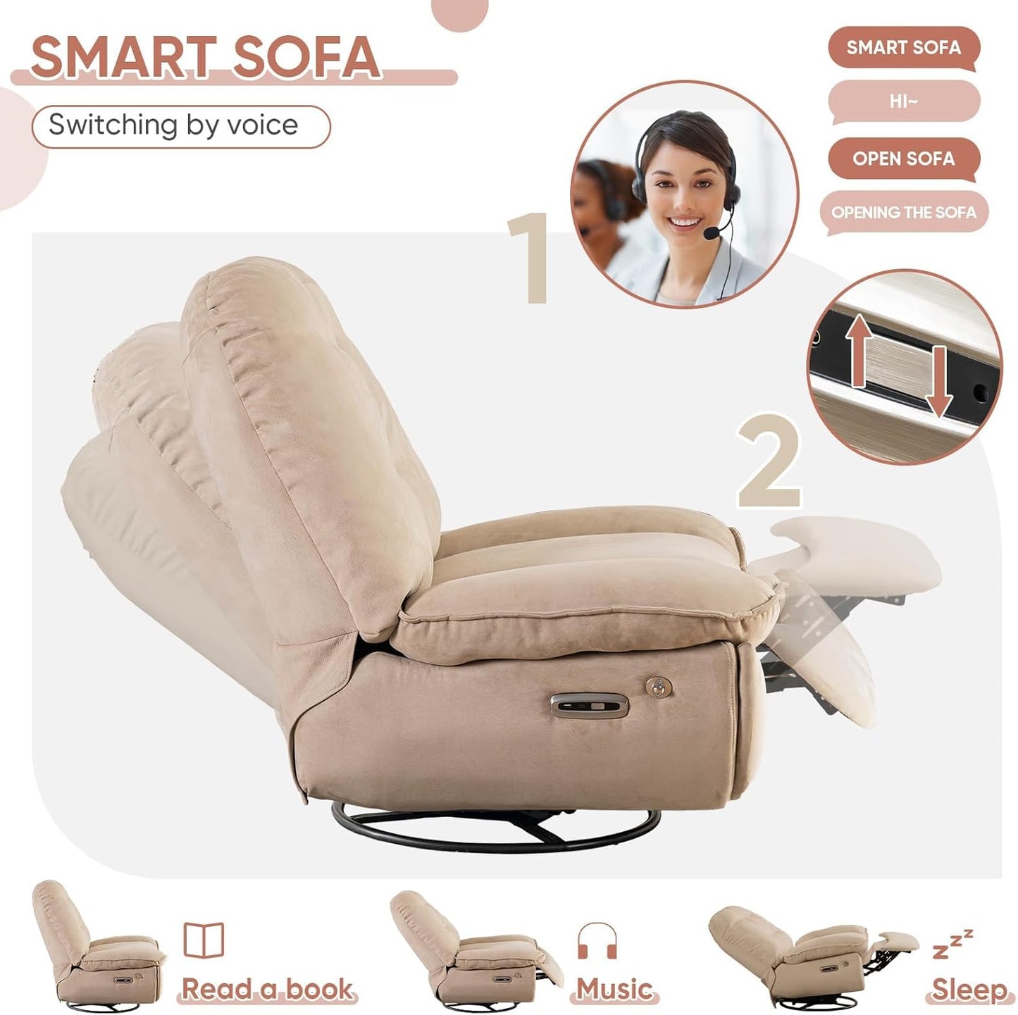 Smart Oversized Electric Recliner Chair, 360° Round Swivel Rocking Glider Rocker for Adults Modern Comfy Ergonomic Chaise Lounge Indoor, Theater Seating Living Room Chairs Reading, Soft Camel Fabric