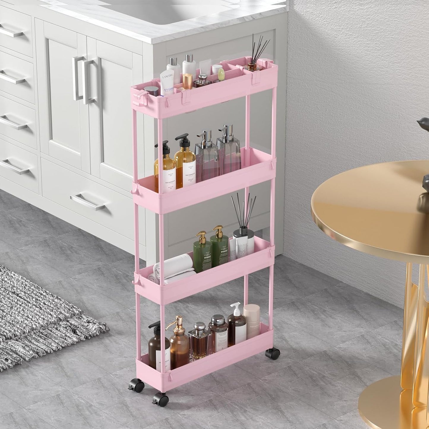 SPACELEAD Slim Storage Cart 4 Tier,Bathroom Organizer Rolling Utility, Mobile Shelving Unit Slide Out for Office, Kitchen, Laundry Room & Narrow Places,White