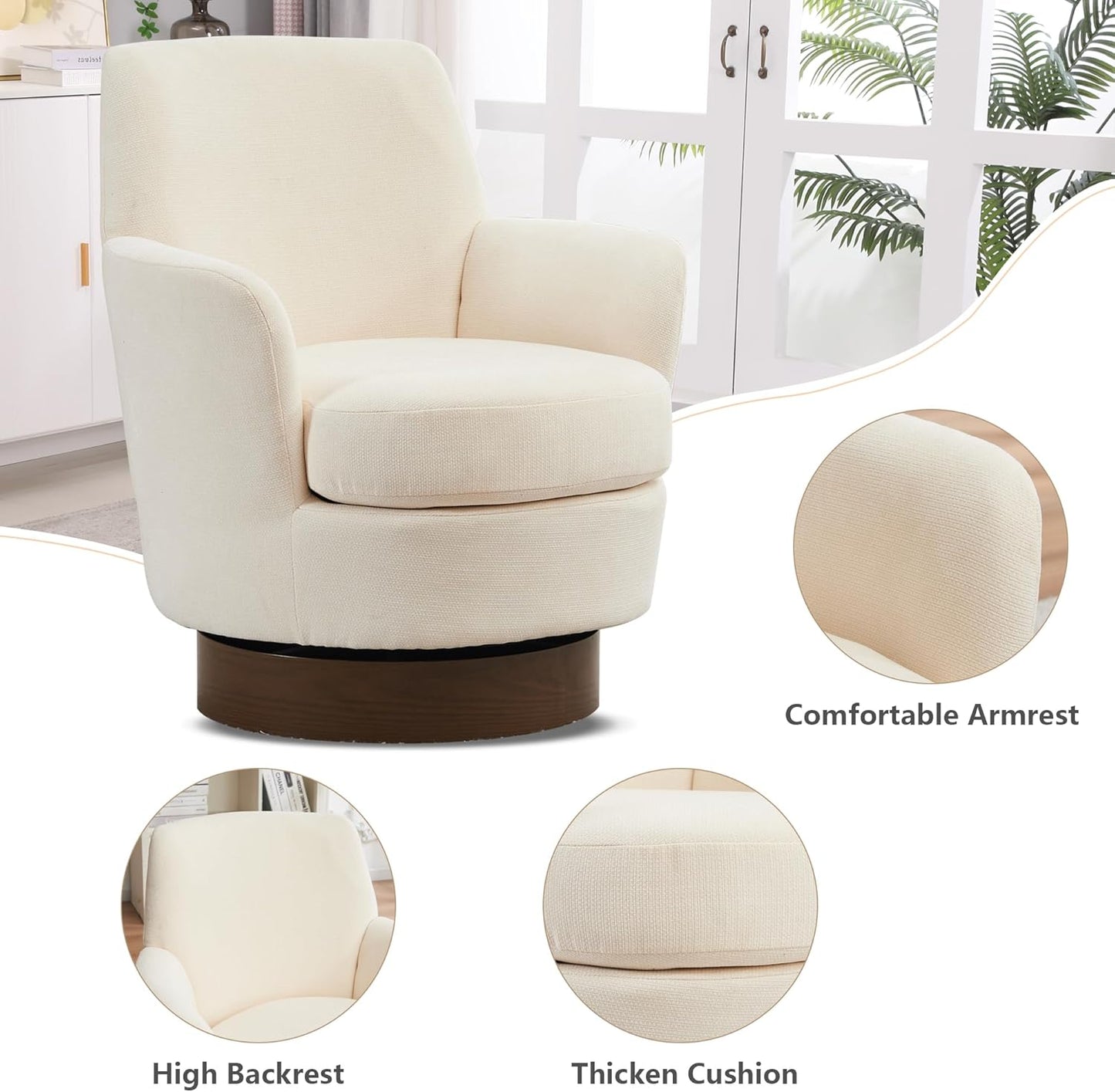 Swivel Barrel Chair Set of 2, Linen Modern Swivel Accent Chairs Armchair with Gold Stainless Steel Base, Reading Chair for Bedroom Comfy Round Barrel Chair for Living Room, Beige