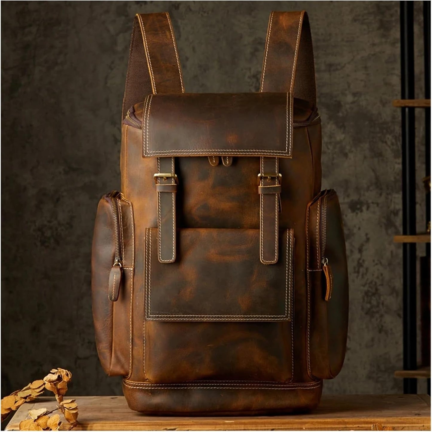Vintage Genuine Leather Backpack for Men Handmade Shoulder Bag Cowhide Travel Bag Large Capacity Mens Retro Laptop Bag(Brown)