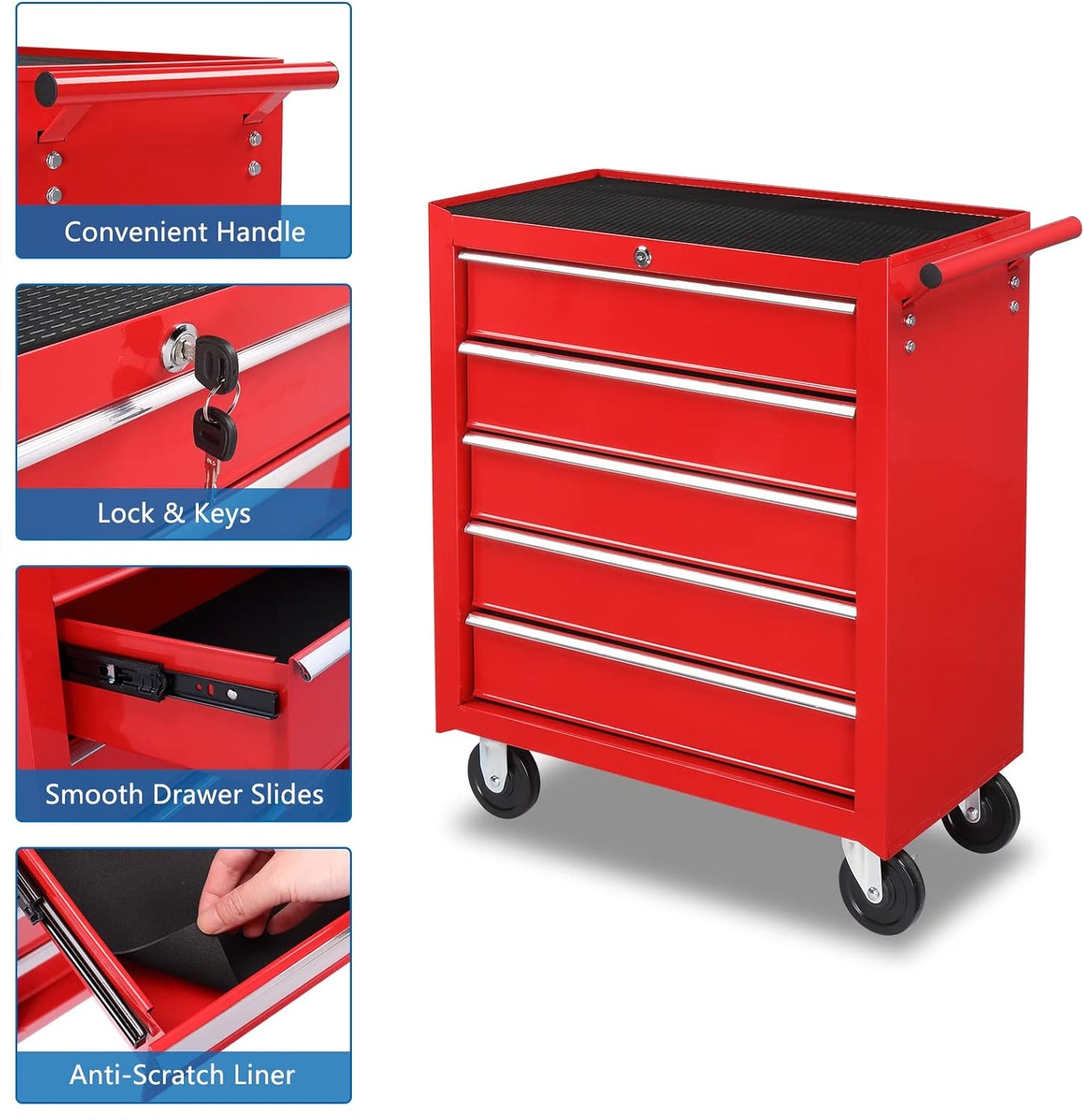 TUFFIOM 5-Drawer Rolling Tool Chest w/Drawers & Lock, Tool Storage Cabinet with Lockable Wheels, Top Cushion & Drawer Liners, Tool Organizer Box for Garage, Warehouse & Repair Sho