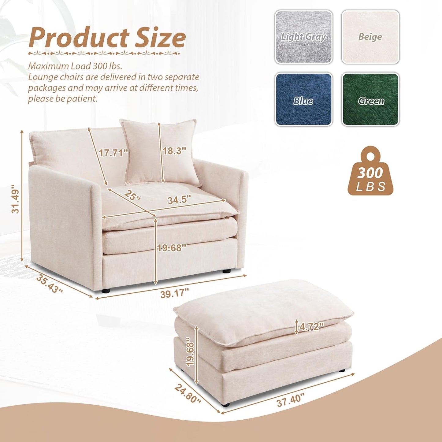 TTK Oversized Corduroy Chaise Lounge Chair with Ottoman - 46.9" Wide Modern Sleeper Sofa for Living Room, Bedroom & Office - Deep Seat Sectional Couch with Pillow, Comfortable Reading Chair, Beige