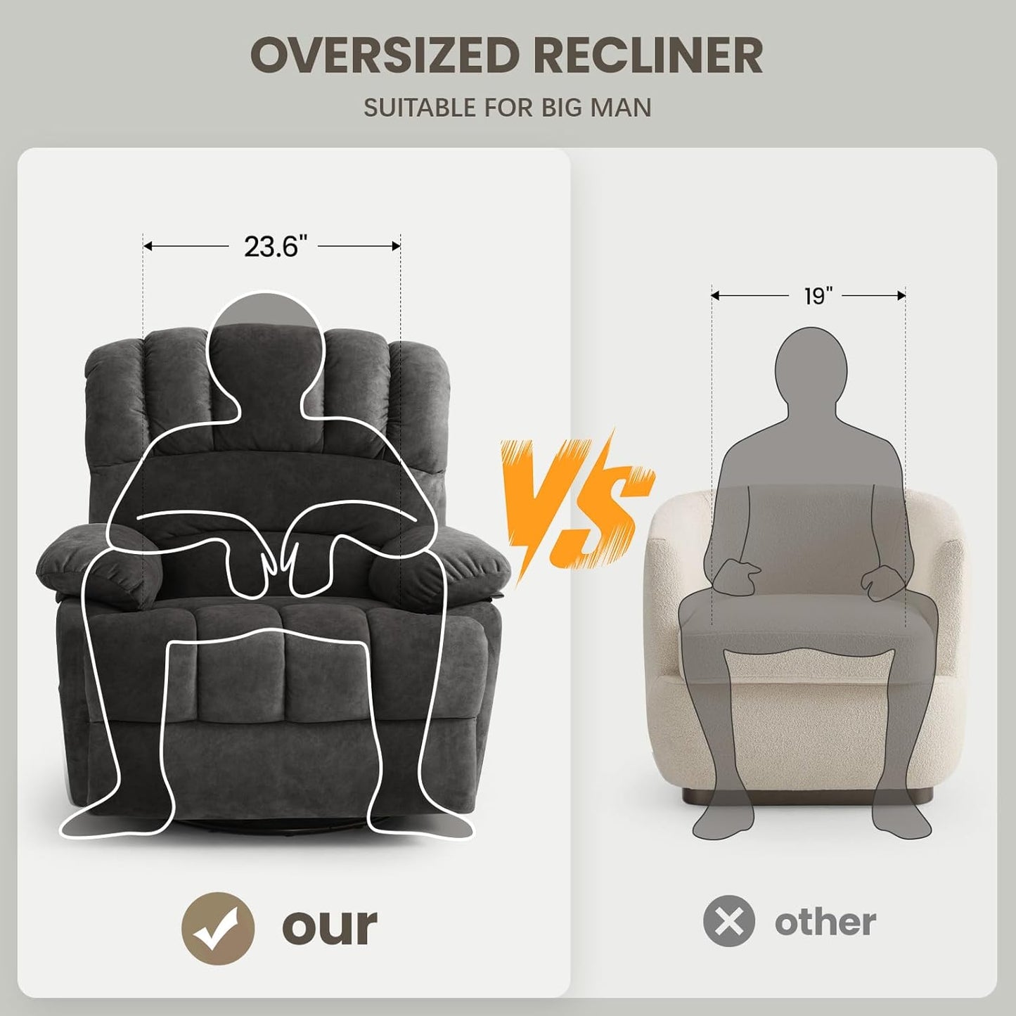 40" Oversized Swivel Rocker Recliner Chair for Big and Tall,Manual Glider Lazy Rocking Chairs for Living Room,Extra Wide Seat,High Back,Large Footrest,360 Swivel(Gray)