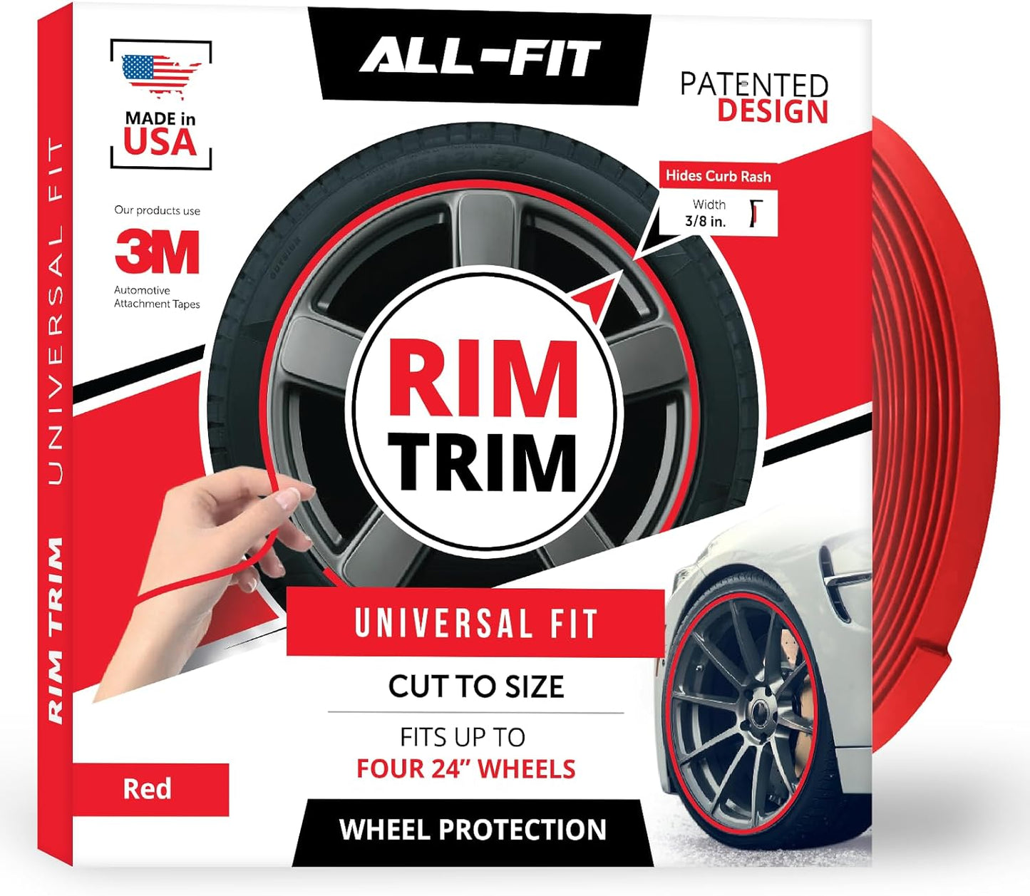 All-Fit Automotive Rim Trim – Durable DIY Car Exterior Accessories for Curb Rash Protection – Fits Up to Four 24” Wheels – Flexible, Durable Wheel Rim Protector (3/8″ width/Red)