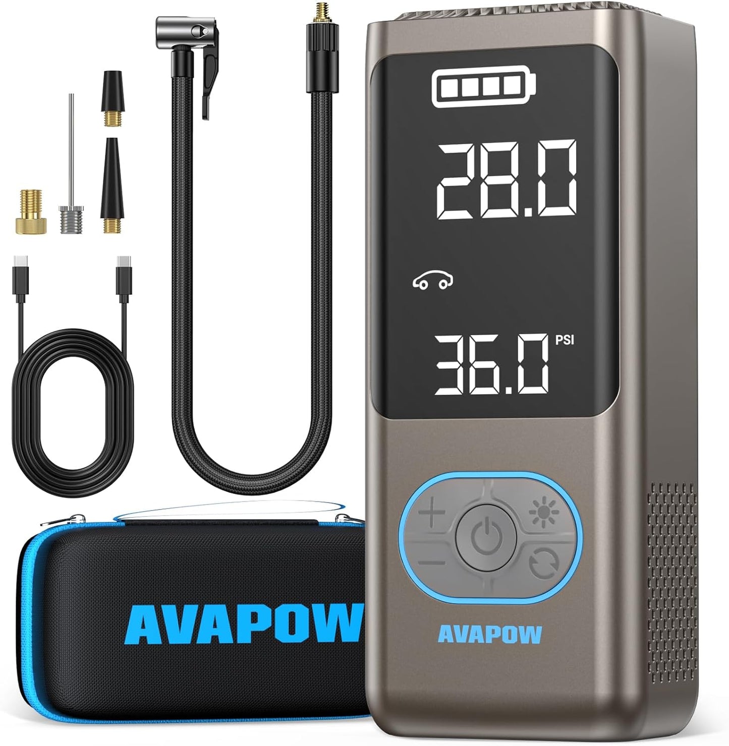 AVAPOW AP18 Tire Inflator Portable Air Compressor, 300% Faster 150 PSI Cordless Air Pump with Tire Pressure Gauge, 3.7″ Dual LCD Screen, Auto-Shuts Off Tire Pump for Car, Motorcycle, Bicycle, Purple