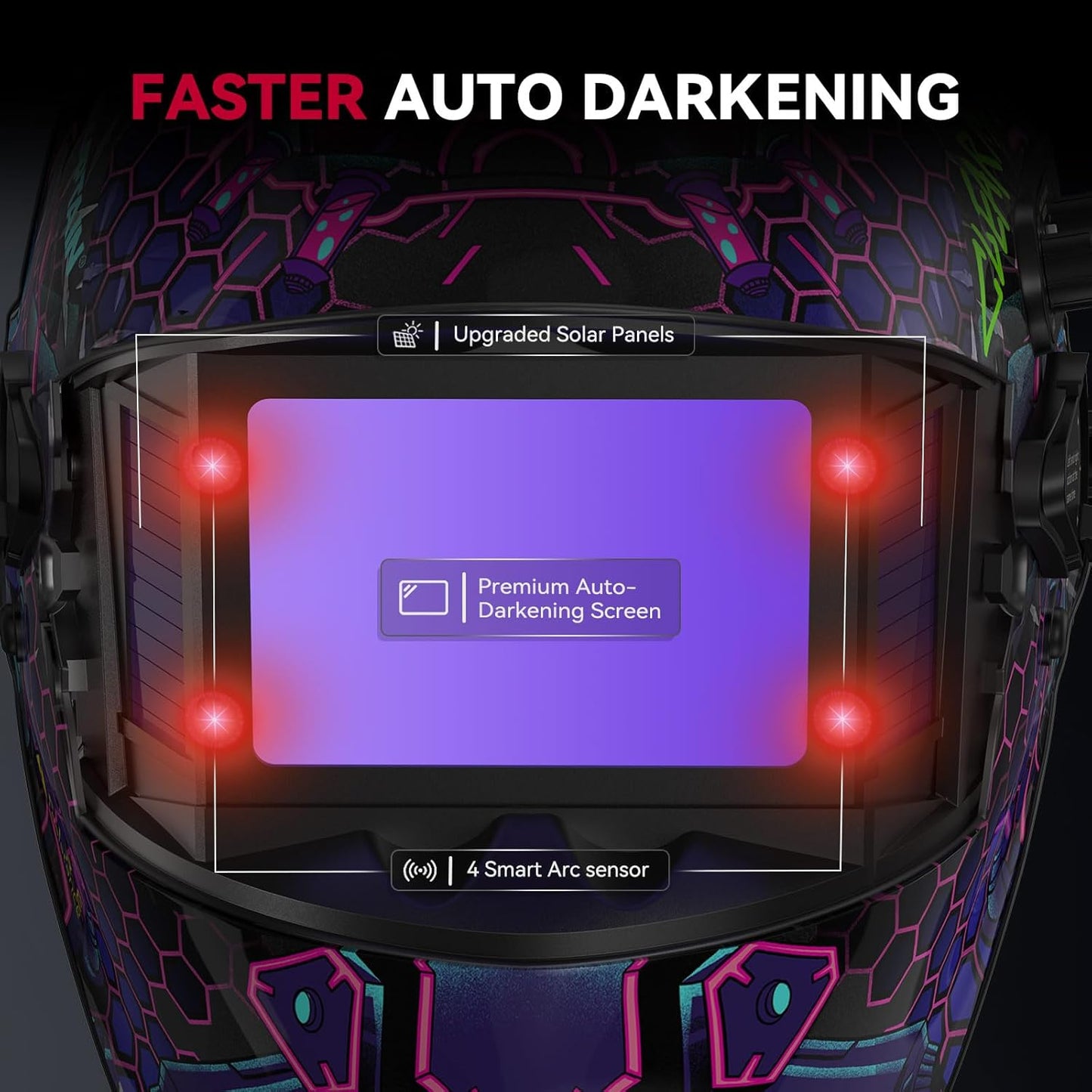 ARCCAPTAIN Flip Up Design Welding Helmet, Large Viewing 3.94" x 2.56" Auto Darkening Welding Hood, Ture Color Solar Powered Welding Mask, 4 Arc Sensor with Adjustable Shade 3/4-8/9-13, Cyberpunk