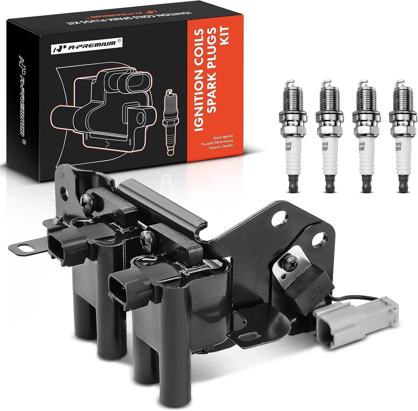A-Premium Set of 4 Ignition Coil Pack and Iridium Spark Plugs Compatible with Hyundai Veloster 2012-2017, Accent & Kia Rio Soul 2012-2019, 1.6L Naturally Aspirated