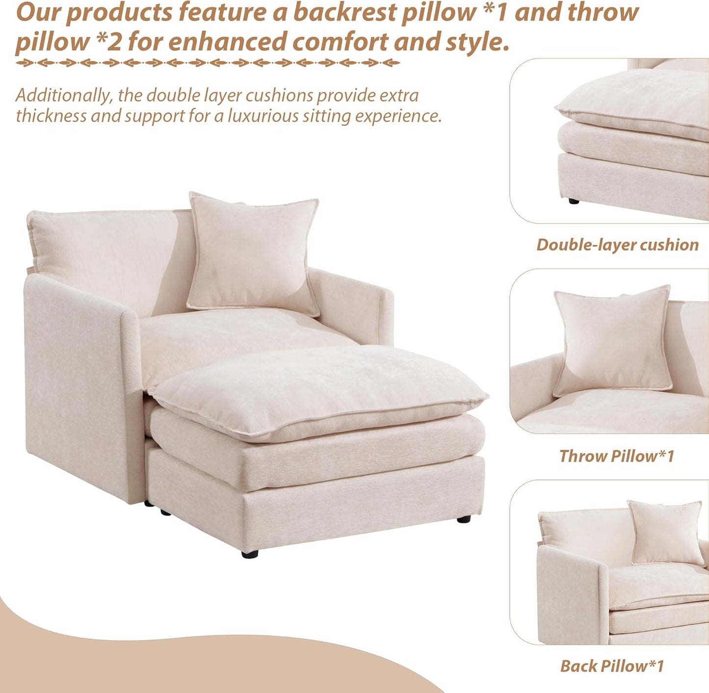 TTK Oversized Corduroy Chaise Lounge Chair with Ottoman - 46.9" Wide Modern Sleeper Sofa for Living Room, Bedroom & Office - Deep Seat Sectional Couch with Pillow, Comfortable Reading Chair, Beige