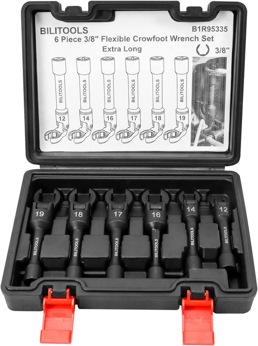 BILITOOLS 6PCS Long Flex Head Crows Foot Line Wrench Set, 3/8" Drive Injector Fuel Line Sockets Wrench Set, Crowfoot Flare Nut Socket Wrench Metric 12 14 16 17 18 19 mm