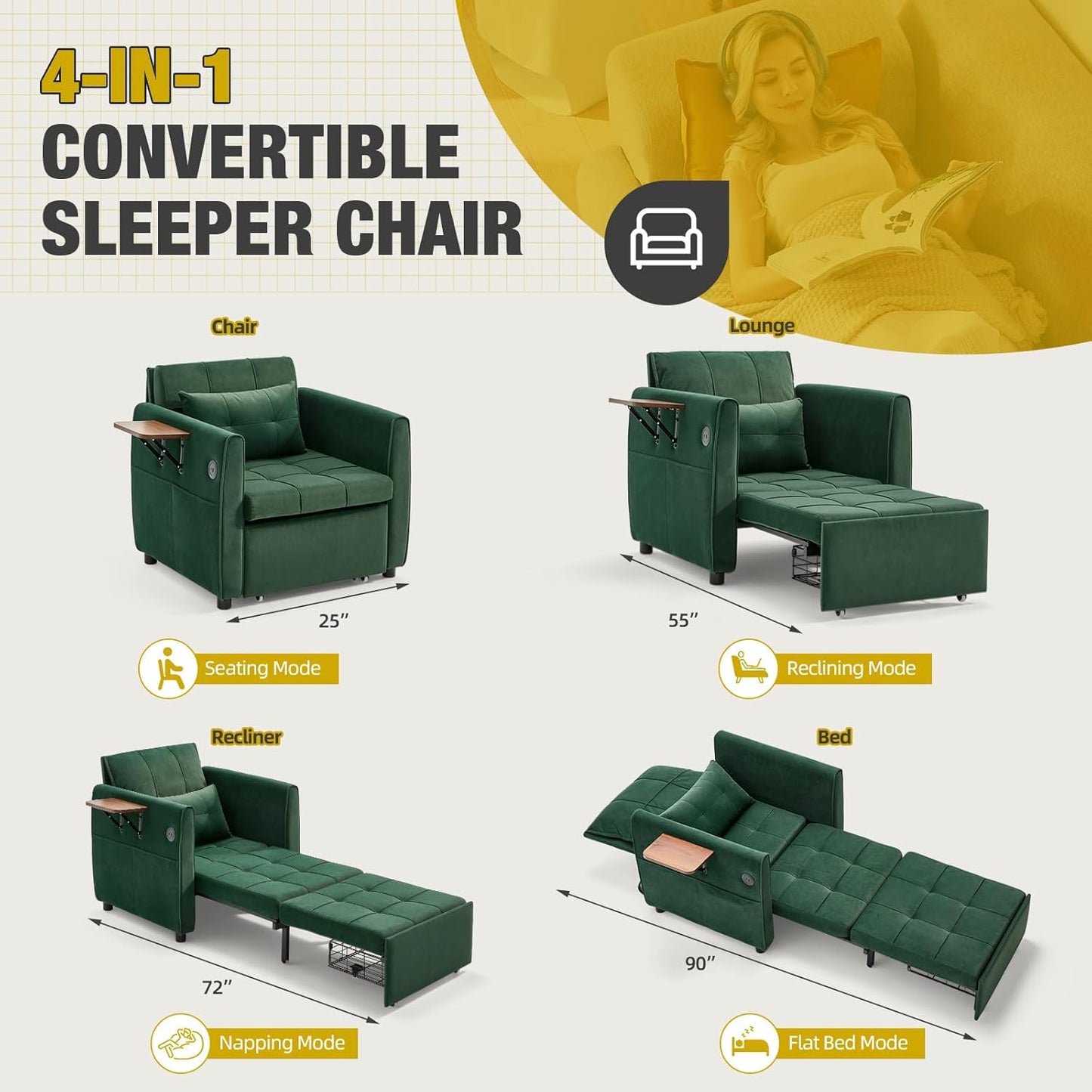 4-in-1 Convertible Sleeper Chair Bed for Adult, 90" Extra Long Pull-Out Sleeper Sofa Bed with Wing Table, USB Charging & Bottom Storage, Single Sleeping Chair for Living Room, Green