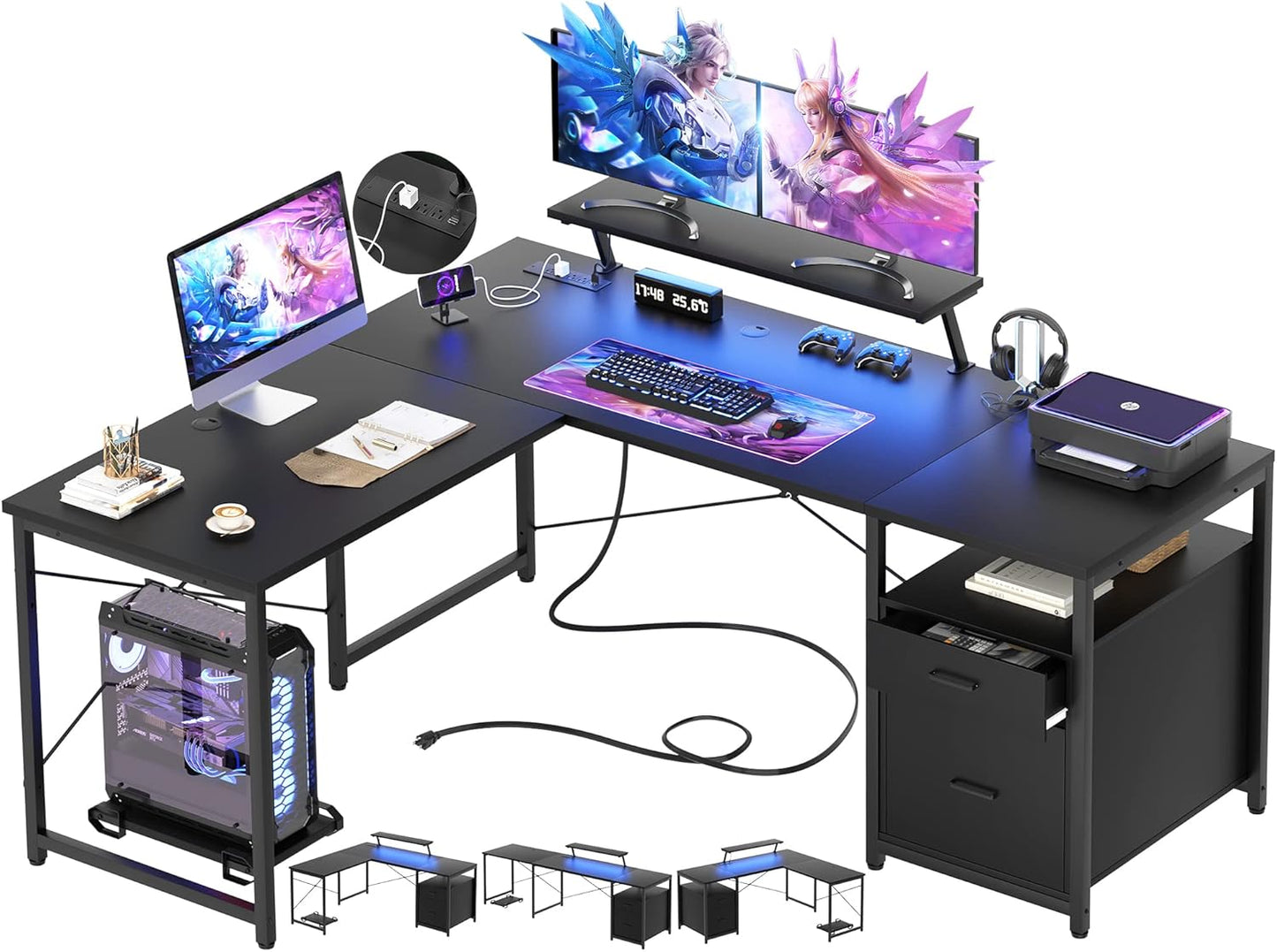 Unikito L Shaped Desk with File Drawer, Reversible L Shaped Computer Desk with Power Outlet & LED Lights, Home Office Desk Corner Desk with Monitor Shelf and Printer Cabinet, Gaming Desk, Black