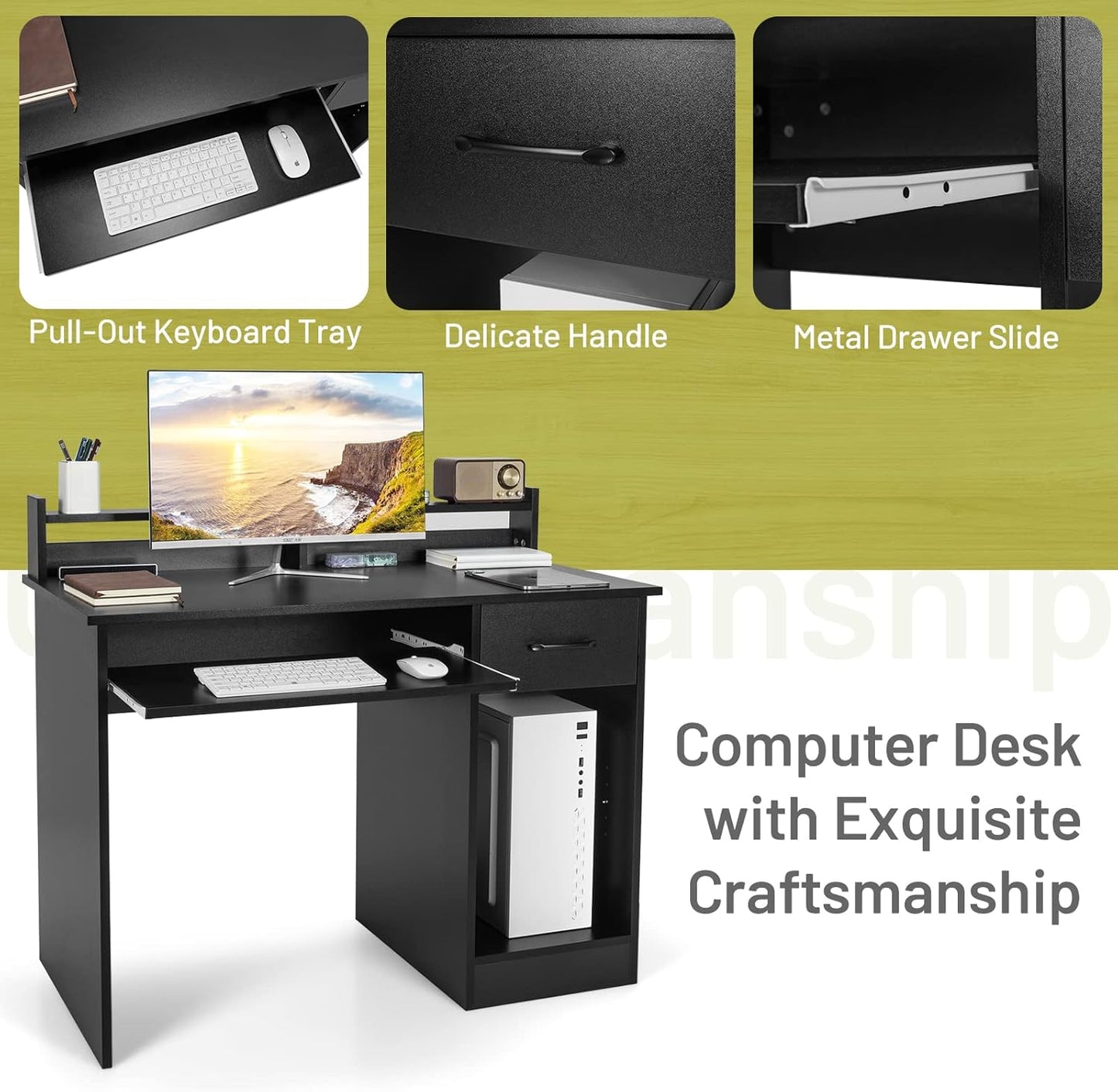 Tangkula Computer Desk with Drawer & Keyboard Tray, Modern Study Writing Desk with Desktop Hutch & Storage Shelves, Home Office Wooden PC Laptop Desk, Desk for Bedroom