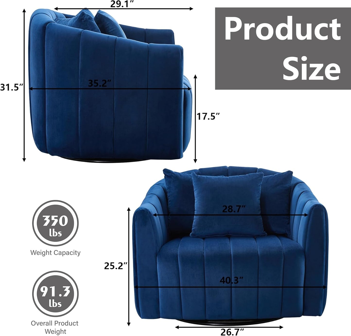 40.35" Oversized Swivel Accent Chairs Navy, with 3 Pillows Velvet Swivel Chairs for Living Room,Modern Barrel Chair