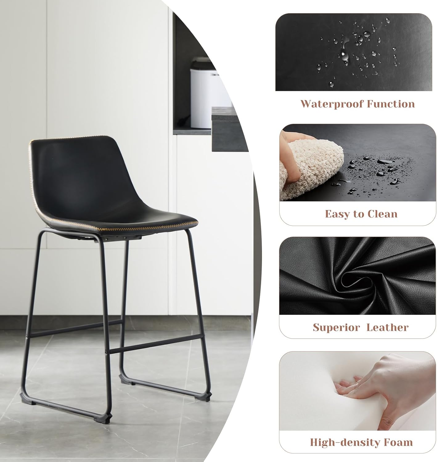 Sweetcrispy Counter Height Bar Stools Set of 2, 26 inch Height Stool Faux Leather Barstools with Back, Armless Kitchen Island Countertop Comfortable Modern Chairs with Metal Legs - Classic Black