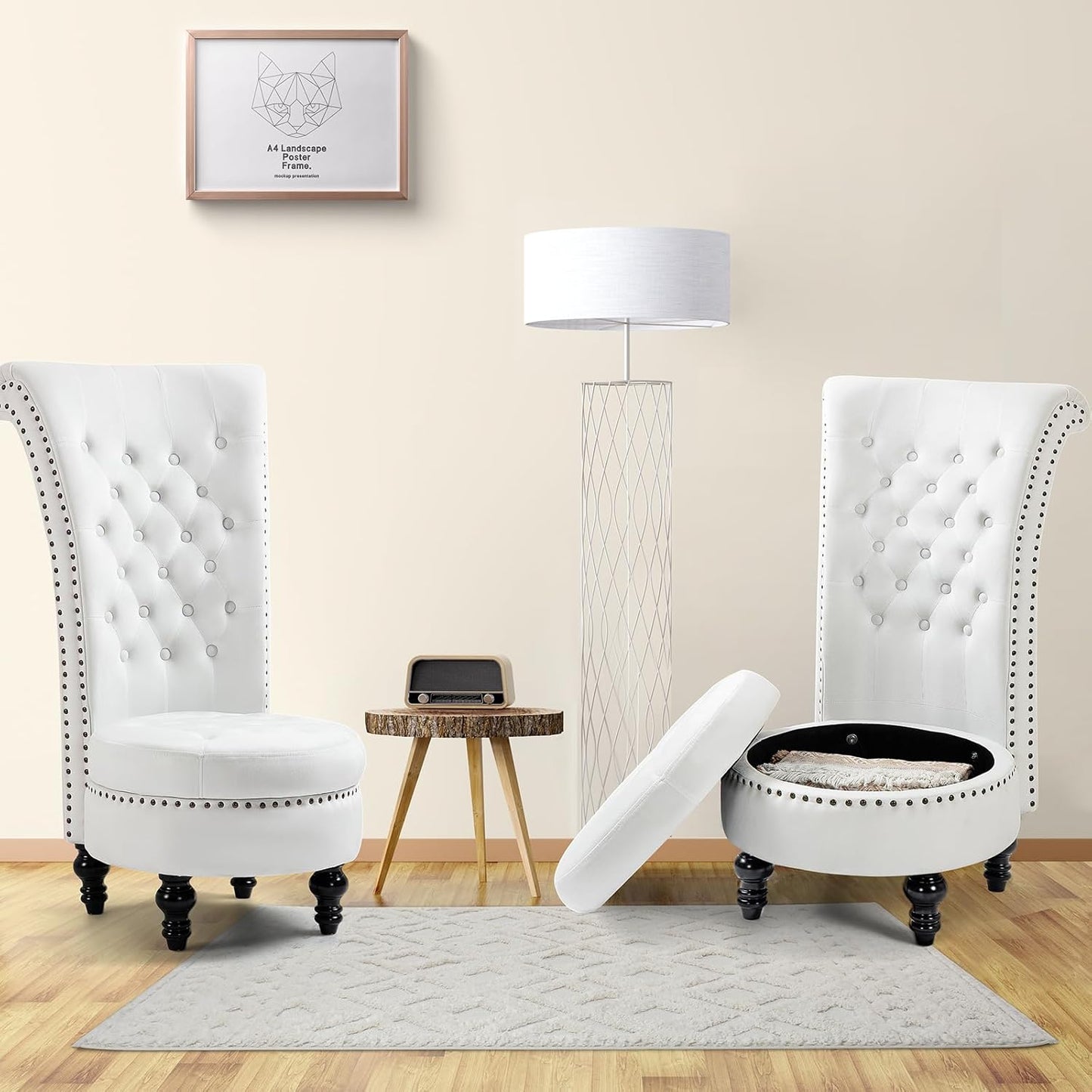 AVAWING High Back Throne Chair Set of 2, Velvet Royal Accent Chair with Button-Tufted Back,Armless Gothic Chair w/Storage, Nailhead Trim Design & Rubber Wood Legs for Living Room & Bedroom, White