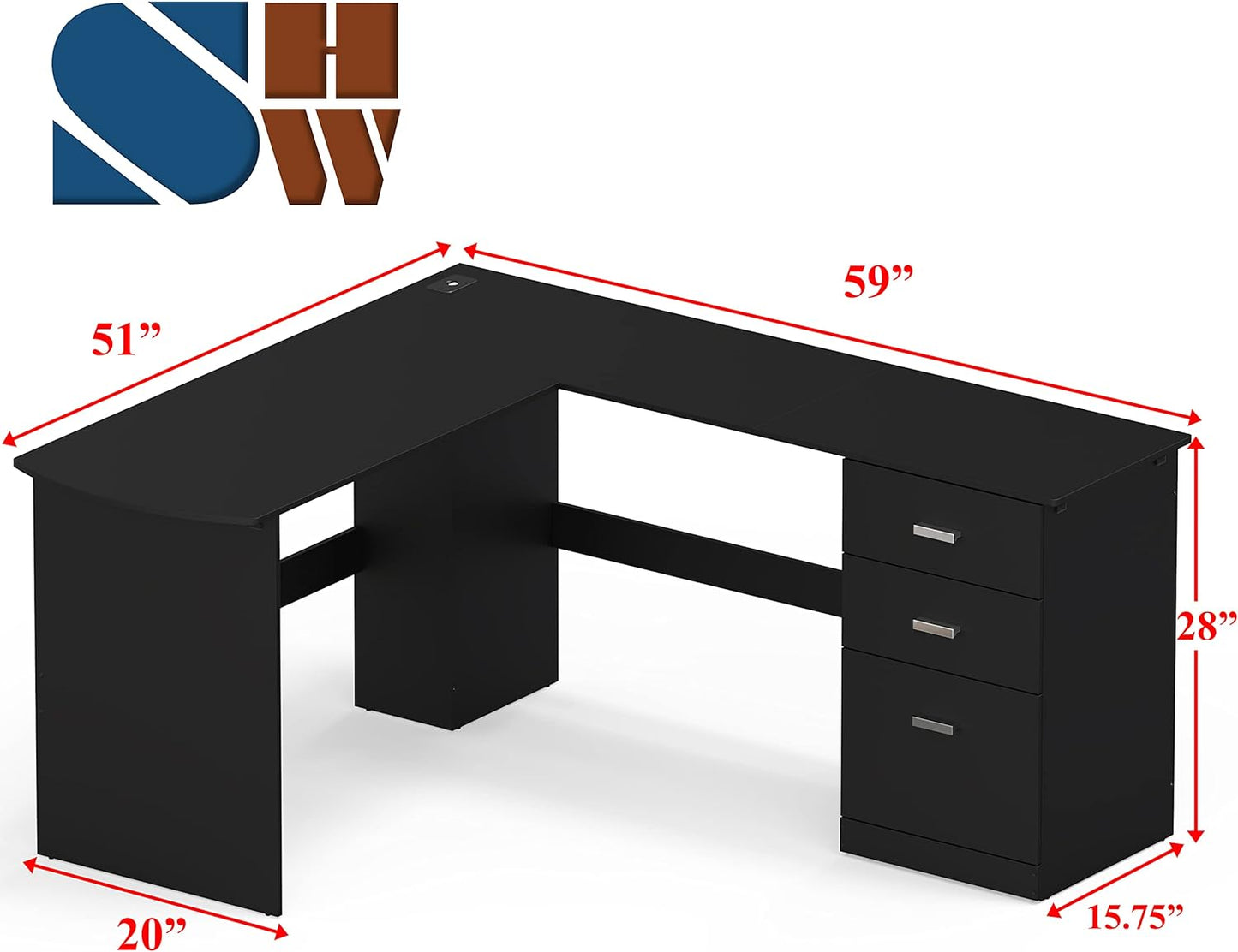SHW 51 x 59 Inches L-Shaped Home Office Wood Corner Desk with Box Box File Drawers, Black
