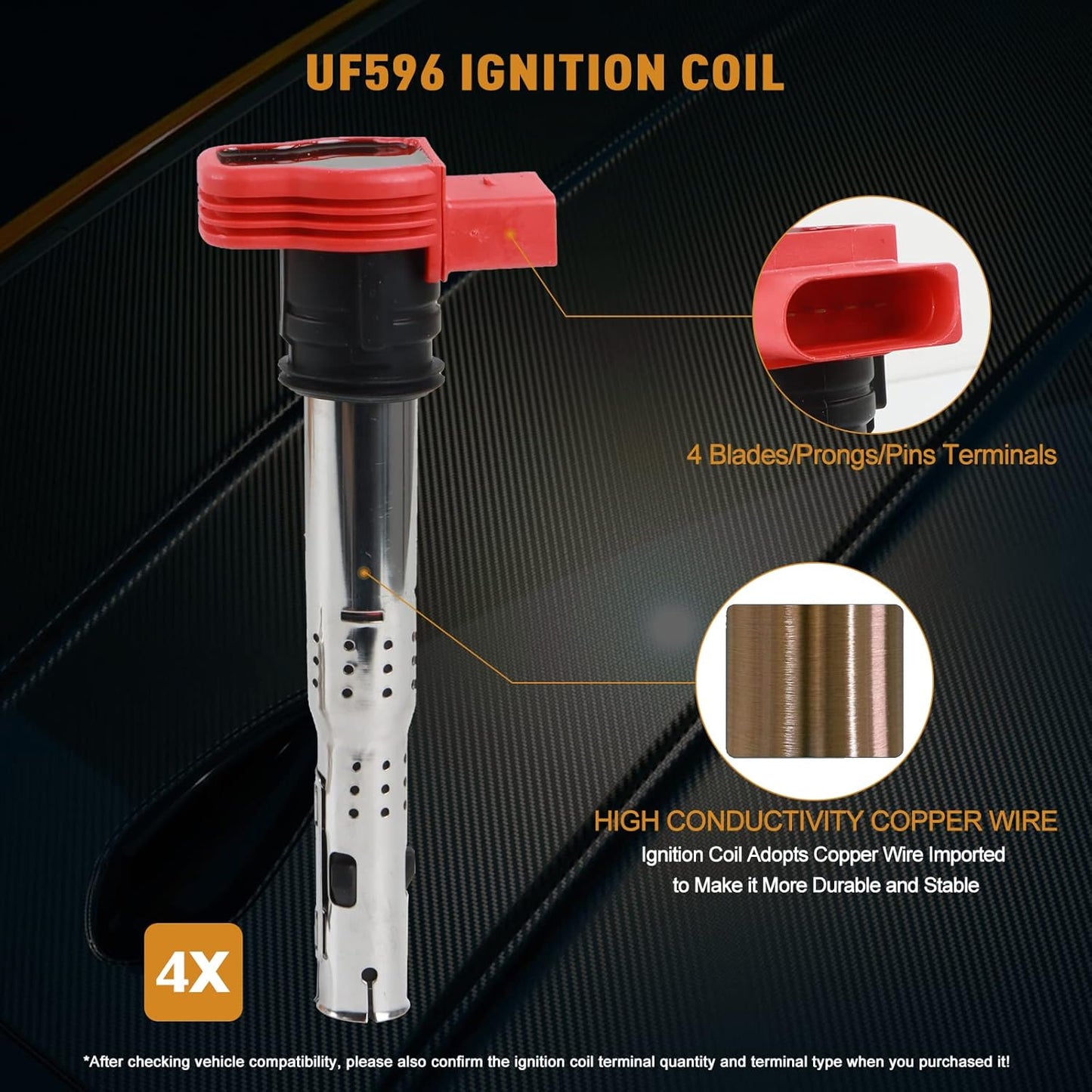 4PCS UF529 Ignition Coils & Iridium Spark Plugs Compatible with 2014-2016 Au-Di Q7 S6 Go-lf Je-tta CC Volk-swagen Allroad & Quattro Eos Replace OE 06E905115E 06H905115B