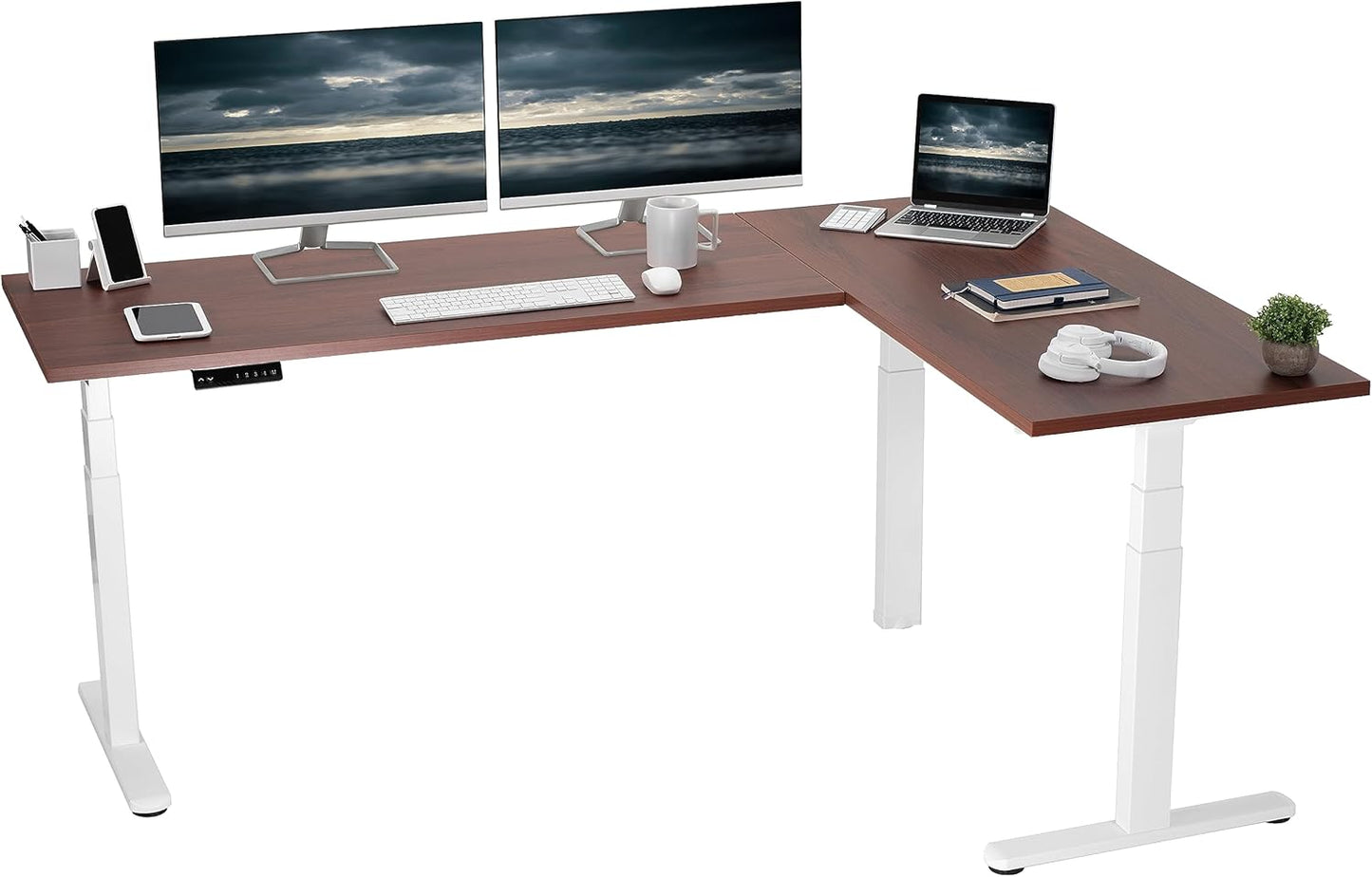 VIVO Electric Height Adjustable 83 x 60 inch Corner Stand Up Desk, 2 Light Wood Solid Table Tops, White Frame, Memory Controller, L-Shaped Workstation, 3E Series, DESK-KIT-3E8C