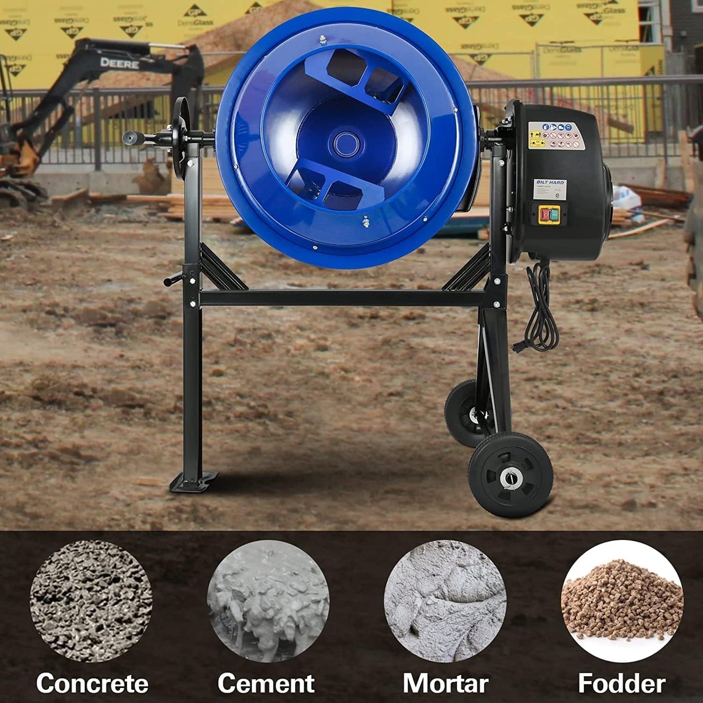 BILT HARD Electric Cement Mixer, 4 Cubic Ft. 550W Portable Concrete Mixer Machine, Wheelbarrow Cement Mixing Tools for Stucco