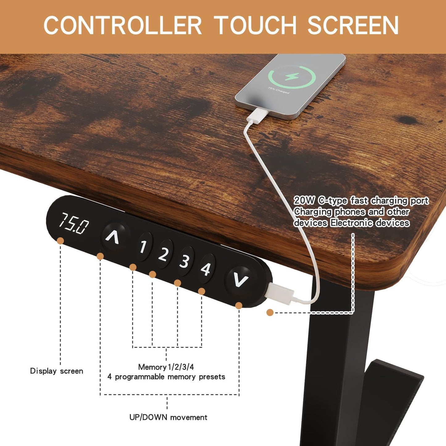 48 X 24 inch Electric Height Adjustable Standing Desk, Computer Table for Home Office Desk with Black Frame & Rustic Brown Top