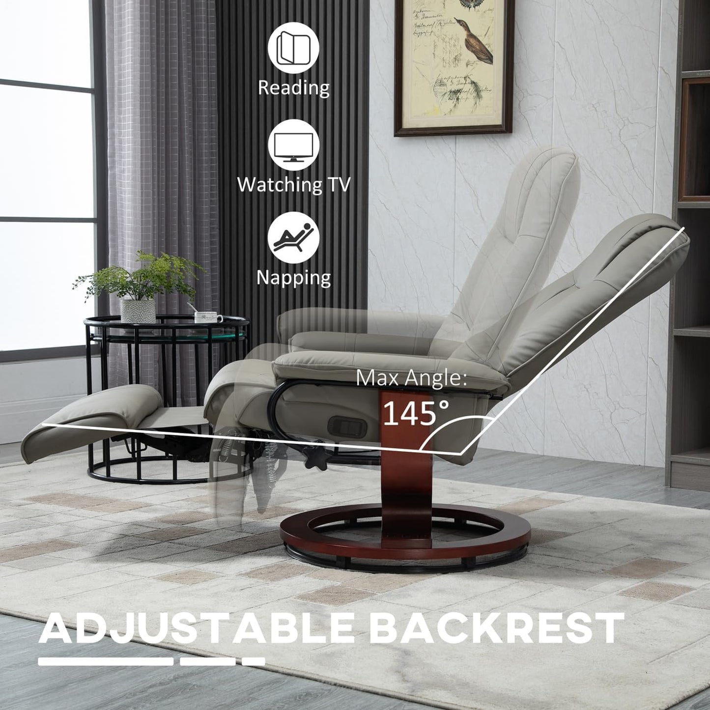 Stylish Gray PU Leather Manual Recliner Chair for Living Room with Swivel Wood Base - Ideal TV Chair