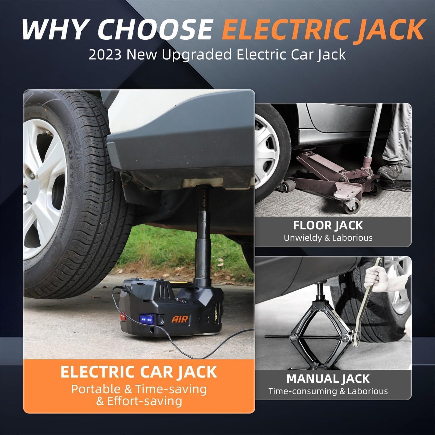 STANDTALL Electric Car Jack Quick Lifting Safe and Portable with Tire Inflator and LED Light Complete Set of Accessories 12V Hydraulic Floor Jack