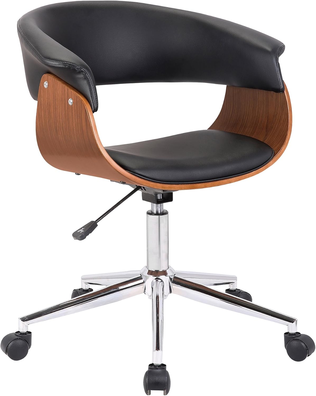 Armen Living Century Office Chair in Black Faux Leather and Walnut Wood, Chrome Finish