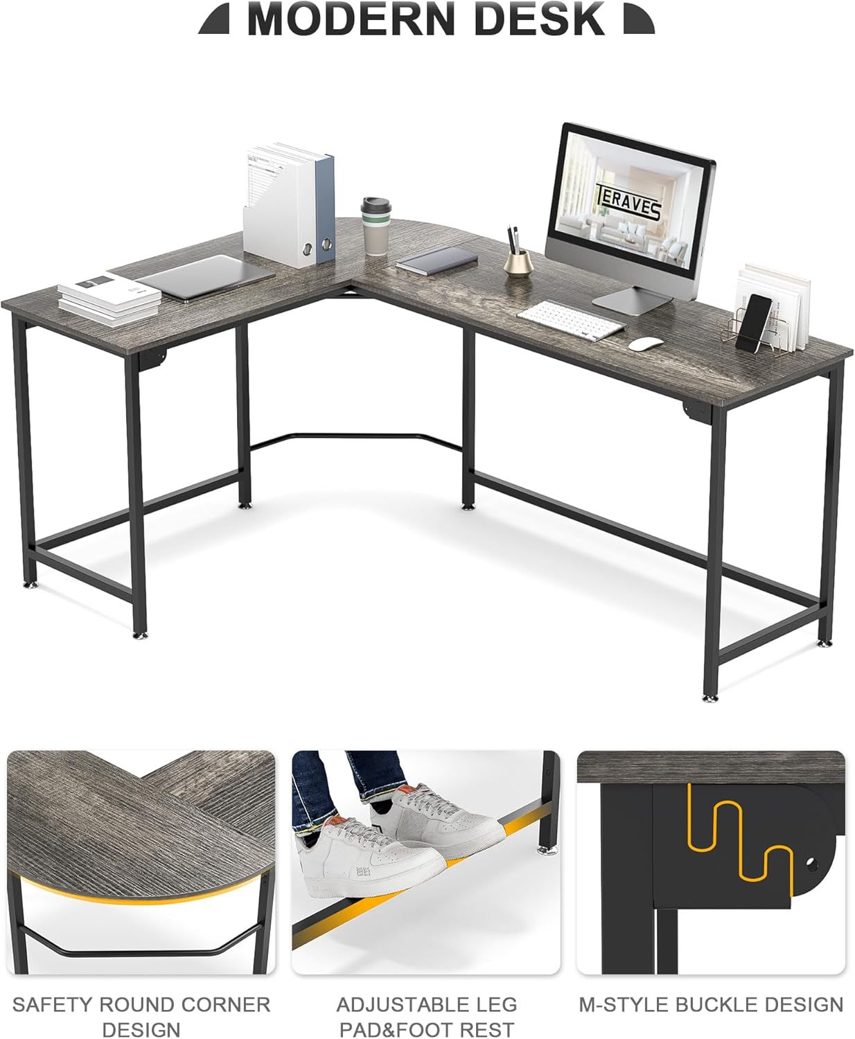 Teraves Modern L Shaped Gaming Desk 66'' Corner Computer Desk for Home Office Gaming Table Study Writing Workstation for Small Space, Easy to Assemble